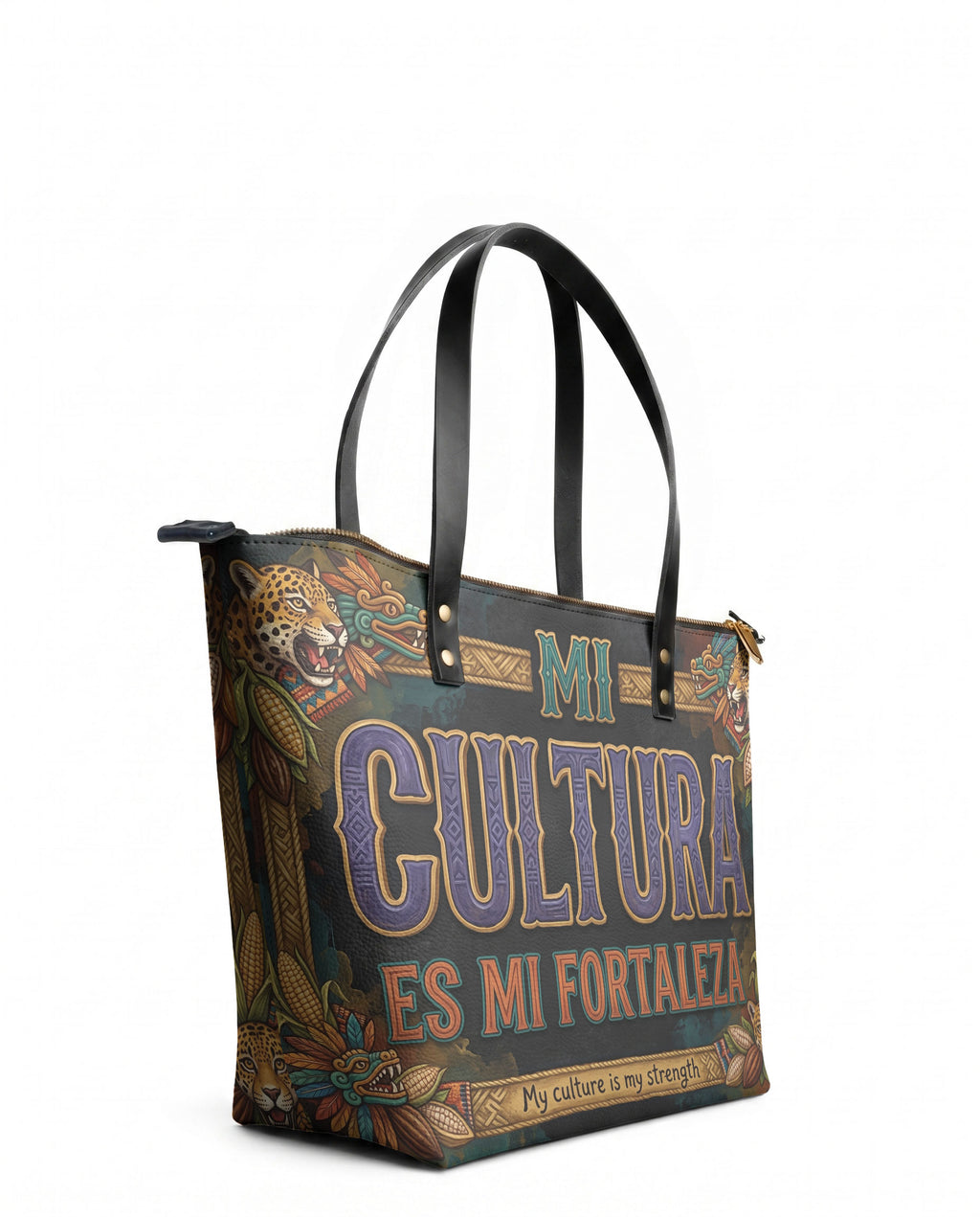 "Mi cultura es mi fortaleza" ver.3 Leather Tote Bag - side view | Paleta Bags