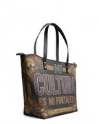 "Mi cultura es mi fortaleza" ver.3 Leather Tote Bag - side view | Paleta Bags