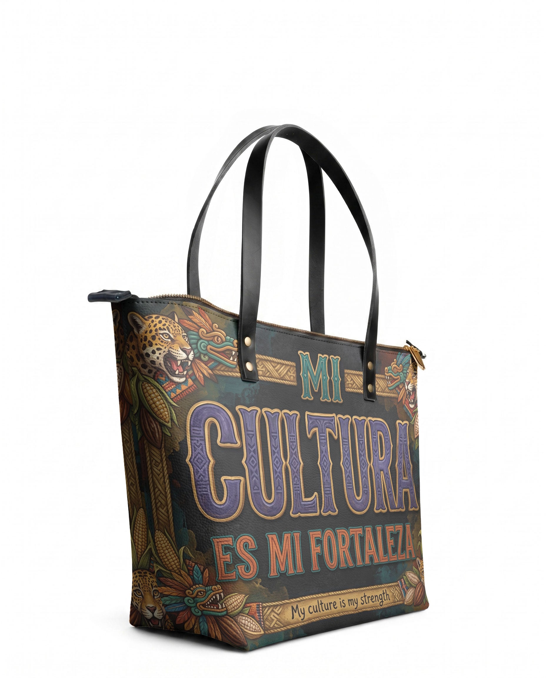 "Mi cultura es mi fortaleza" ver.3 Leather Tote Bag - side view | Paleta Bags