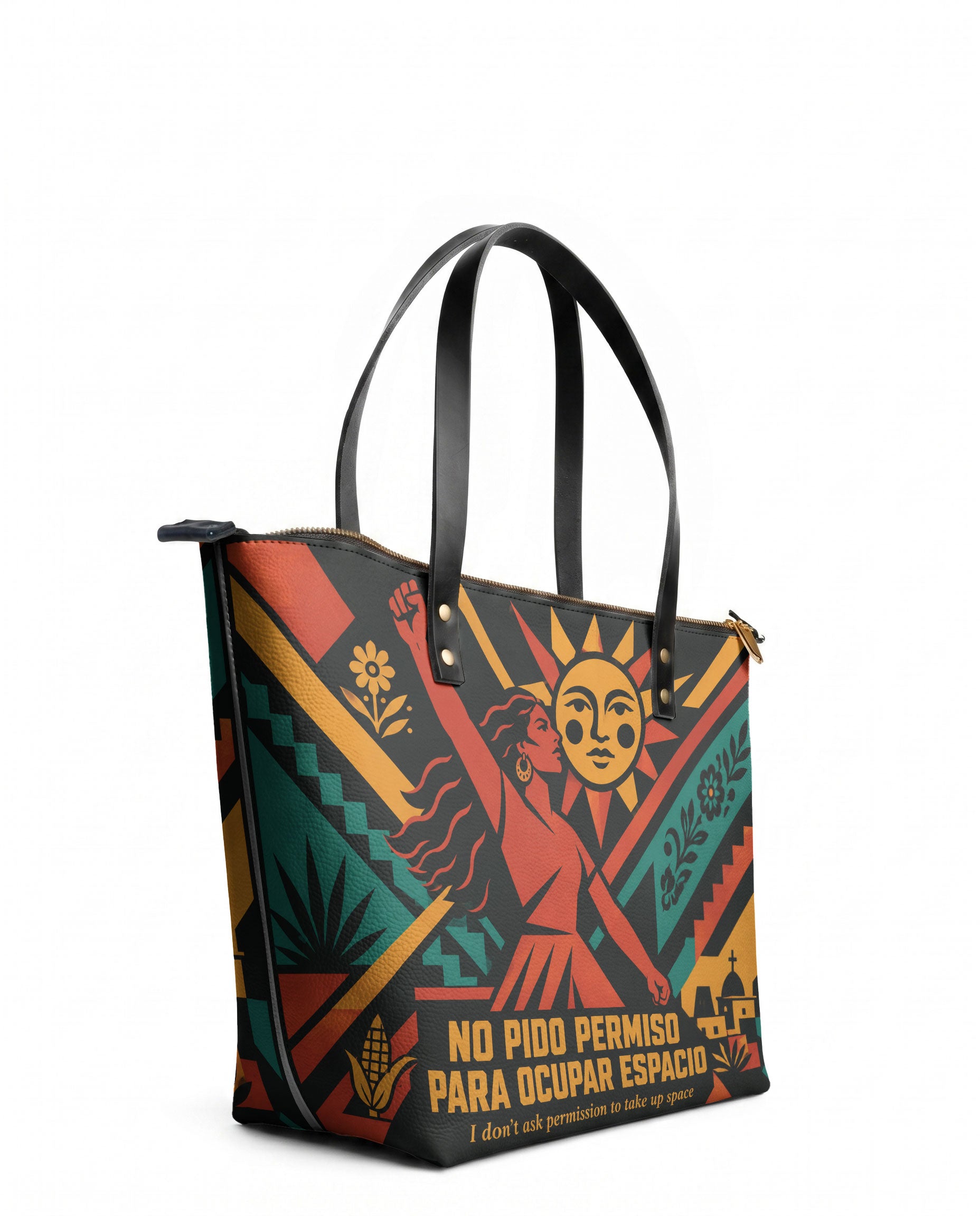 "No pido permiso para ocupar espacio" ver.1 Leather Tote Bag - side view | Paleta Bags