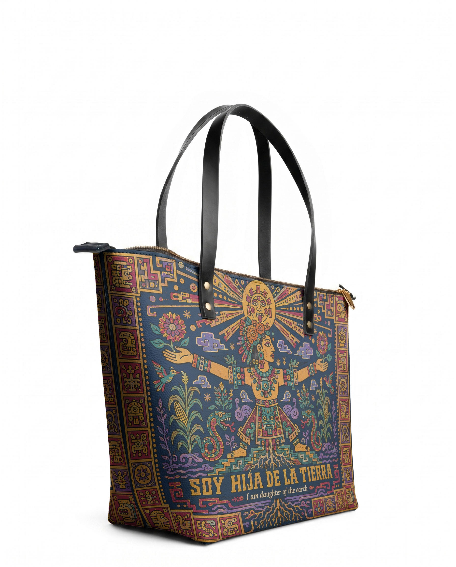"Soy hija de la tierra" ver.2 Leather Tote Bag - side view | Paleta Bags