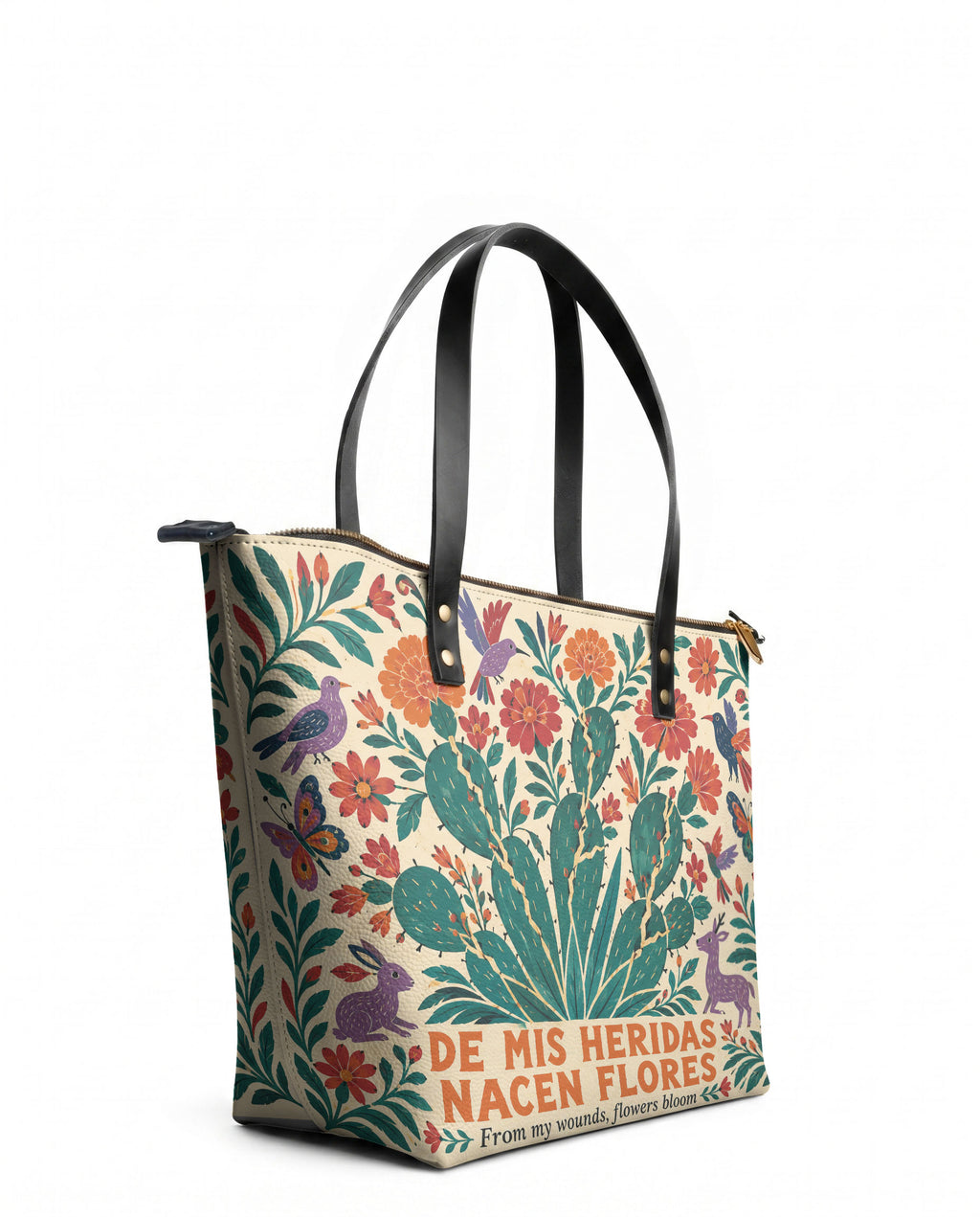 "De mis heridas nacen flores" ver.4 Leather Tote Bag - side view | Paleta Bags