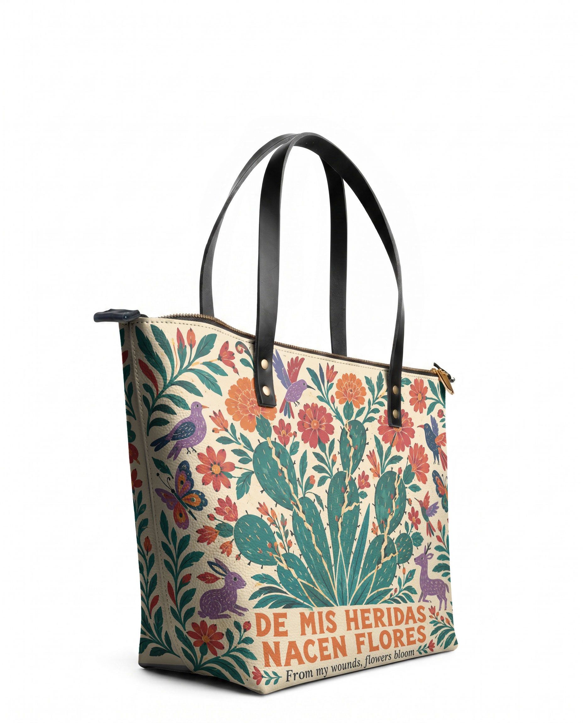 "De mis heridas nacen flores" ver.4 Leather Tote Bag - side view | Paleta Bags
