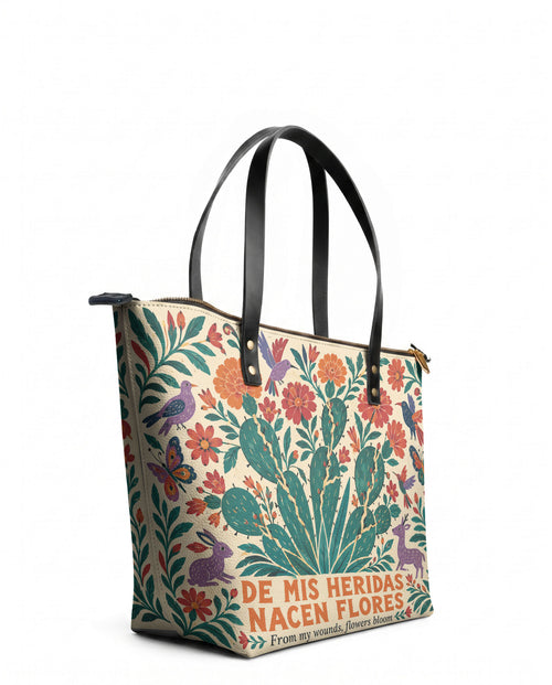 "De mis heridas nacen flores" ver.4 Leather Tote Bag - side view | Paleta Bags