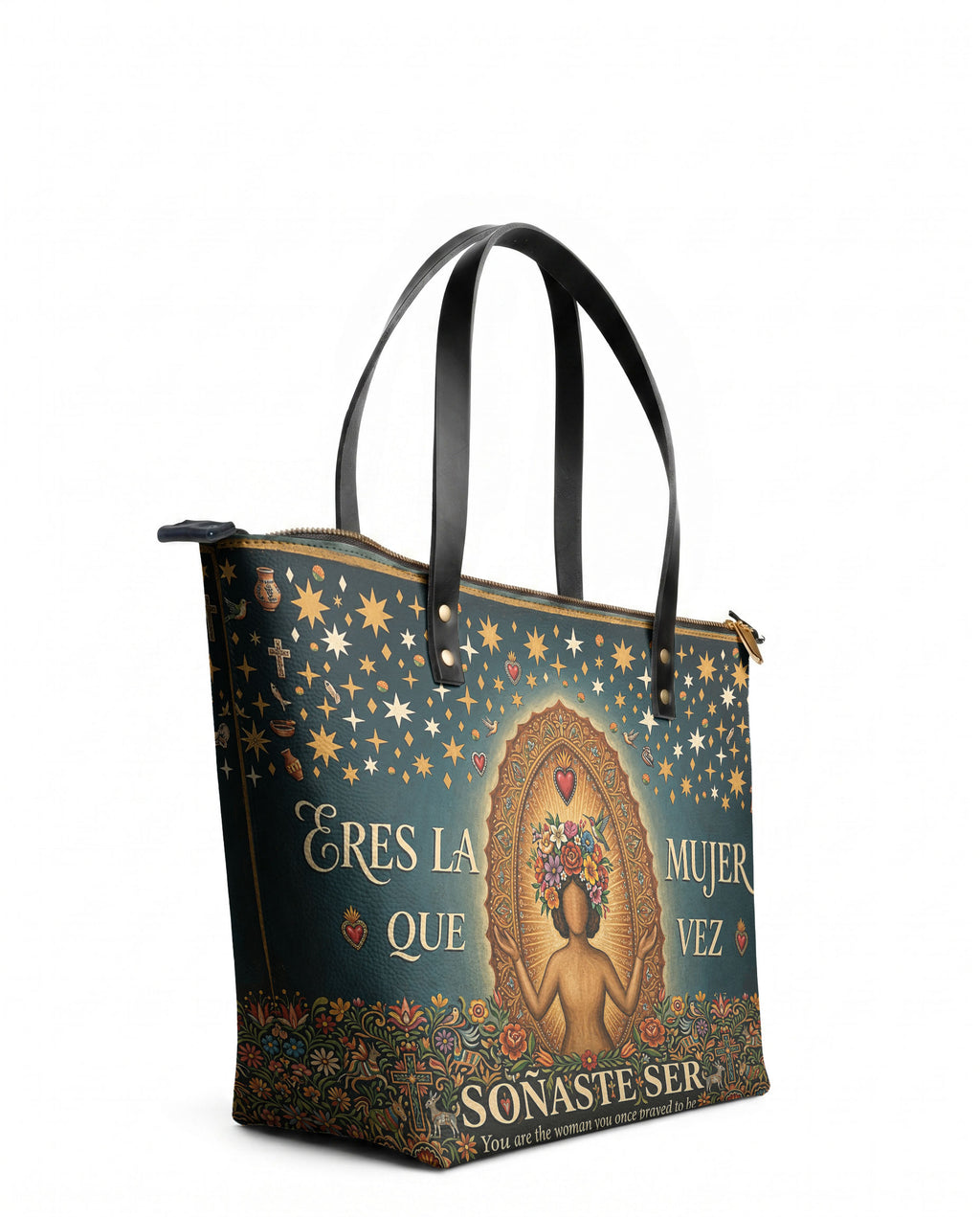 "Eres la mujer que alguna vez soñaste ser" ver.4 Leather Tote Bag - side view | Paleta Bags