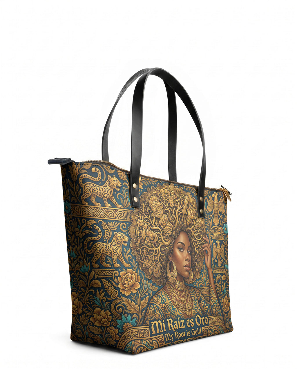 "Mi Raíz es Oro" ver.2 Leather Tote Bag - side view | Paleta Bags
