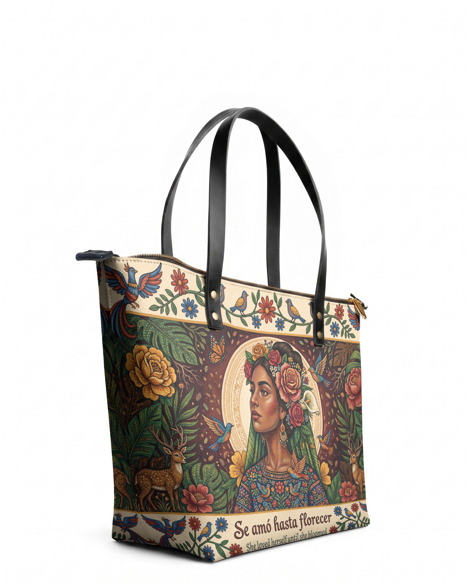 "Se amó hasta florecer" ver.8 Leather Tote Bag - side view | Paleta Bags