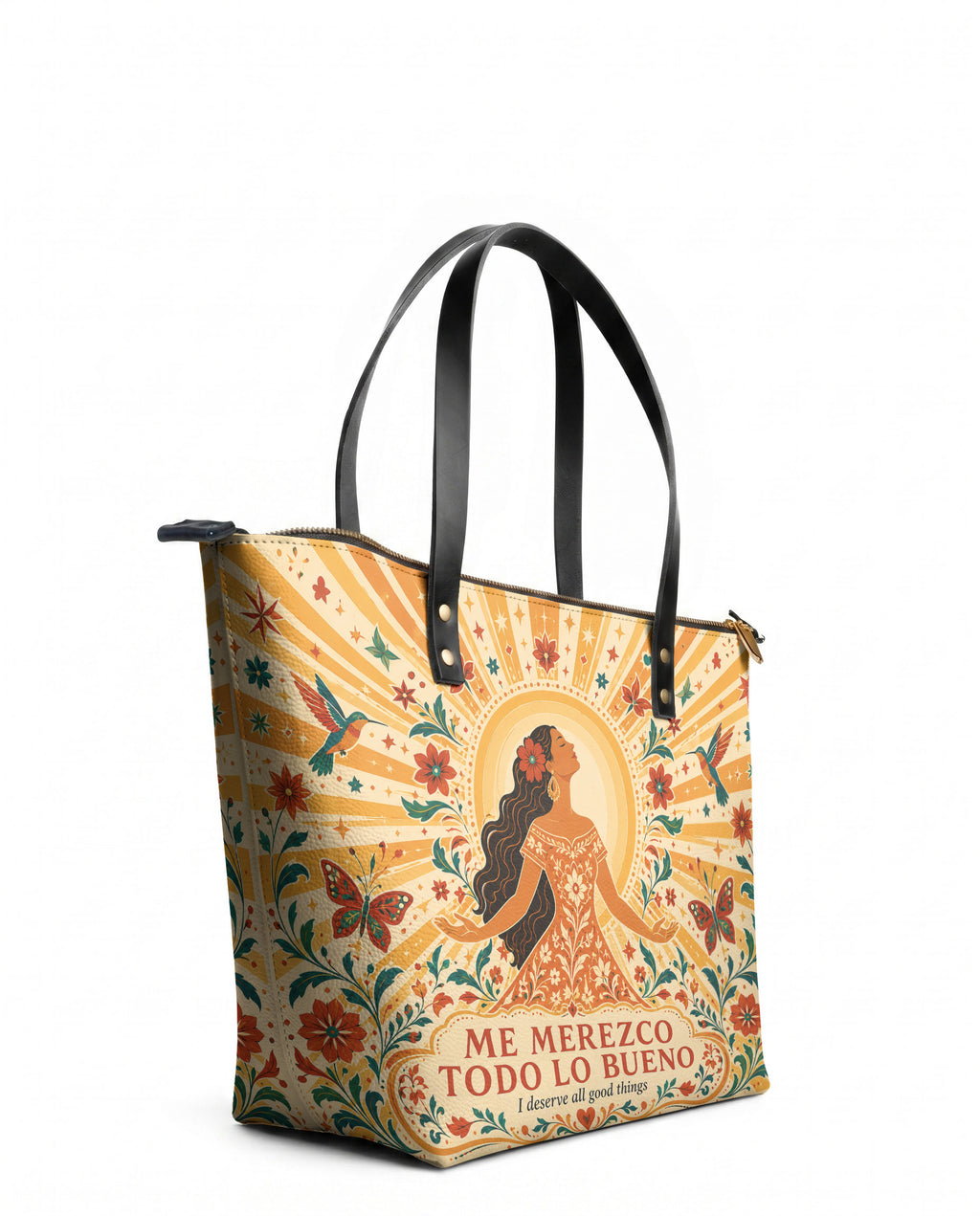 "Me merezco todo lo bueno" ver.4 Leather Tote Bag - side view | Paleta Bags