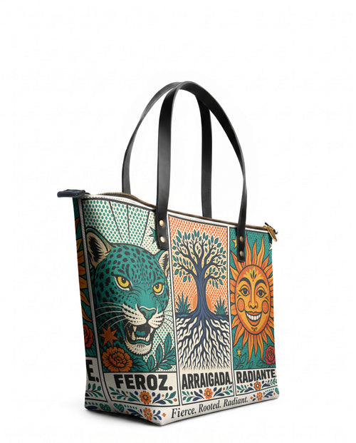 "Feroz. Arraigada. Radiante" ver.3 Leather Tote Bag - side view | Paleta Bags
