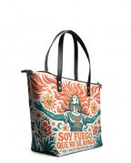 "Soy fuego que no se apaga" ver.4 Leather Tote Bag - side view | Paleta Bags
