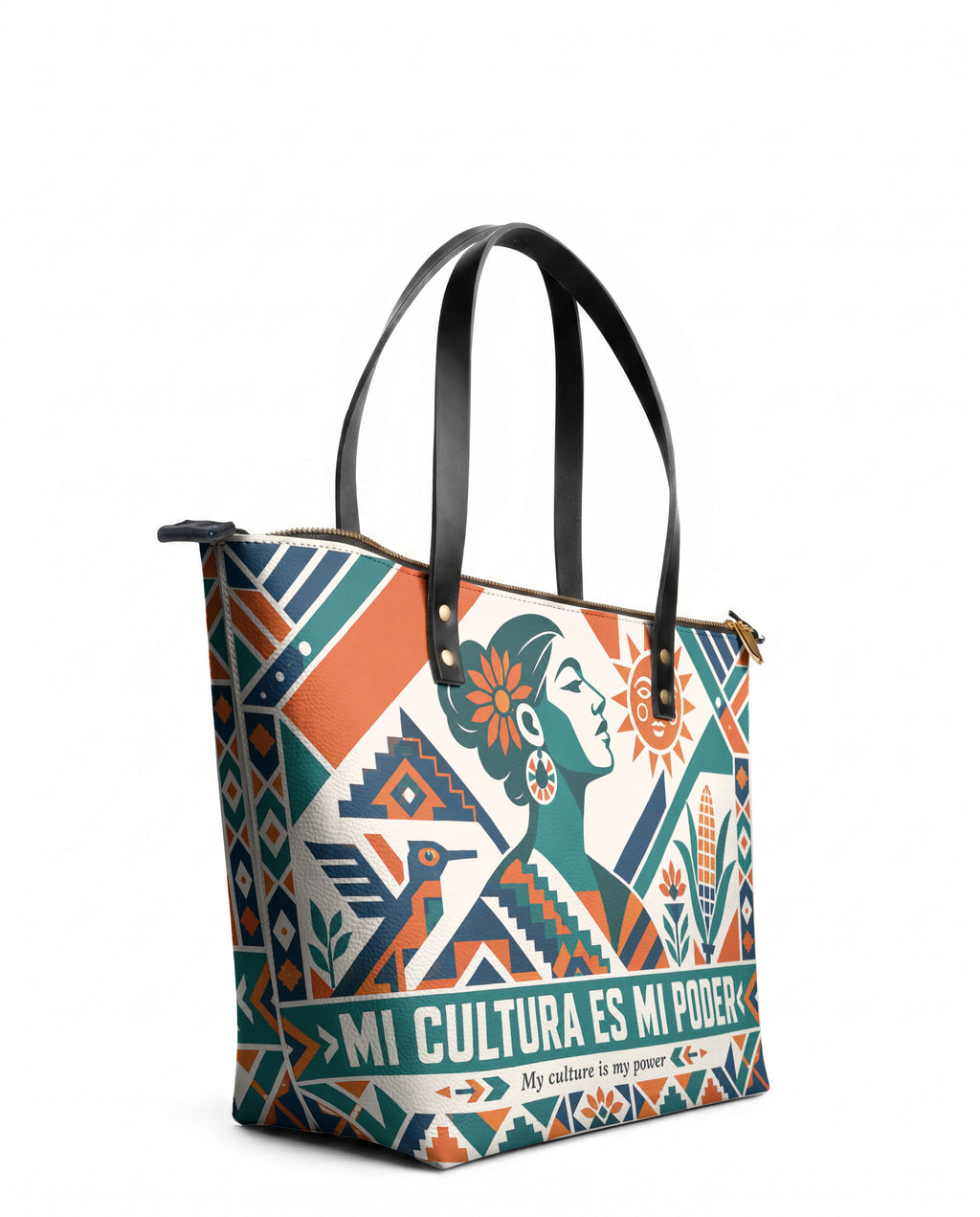"Mi cultura es mi poder" ver.4 Leather Tote Bag - side view | Paleta Bags