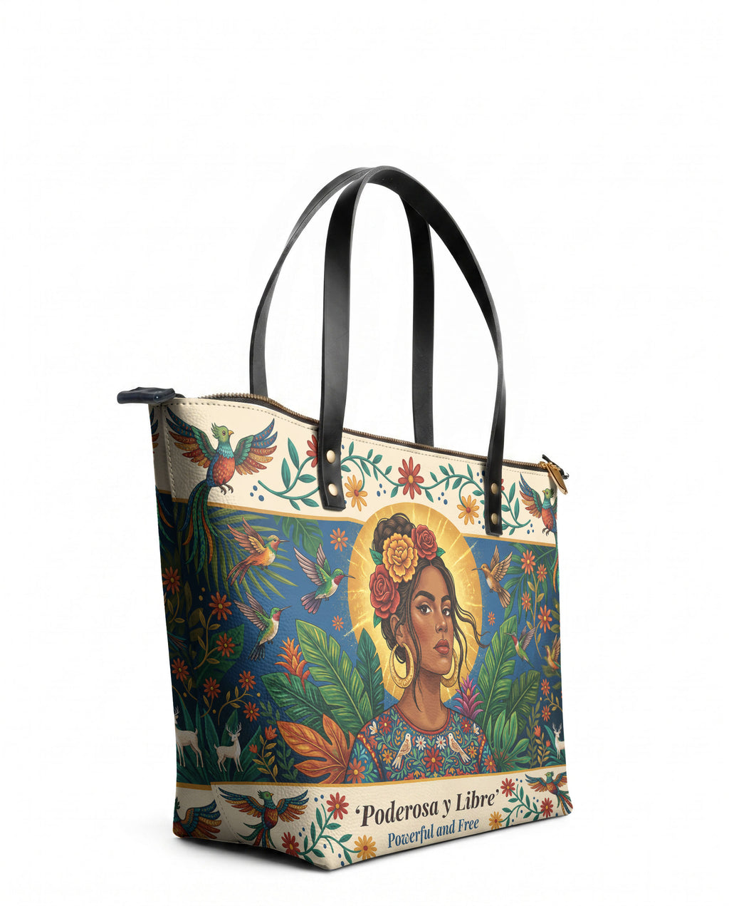 "Poderosa y Libre" ver.3 Leather Tote Bag - side view | Paleta Bags