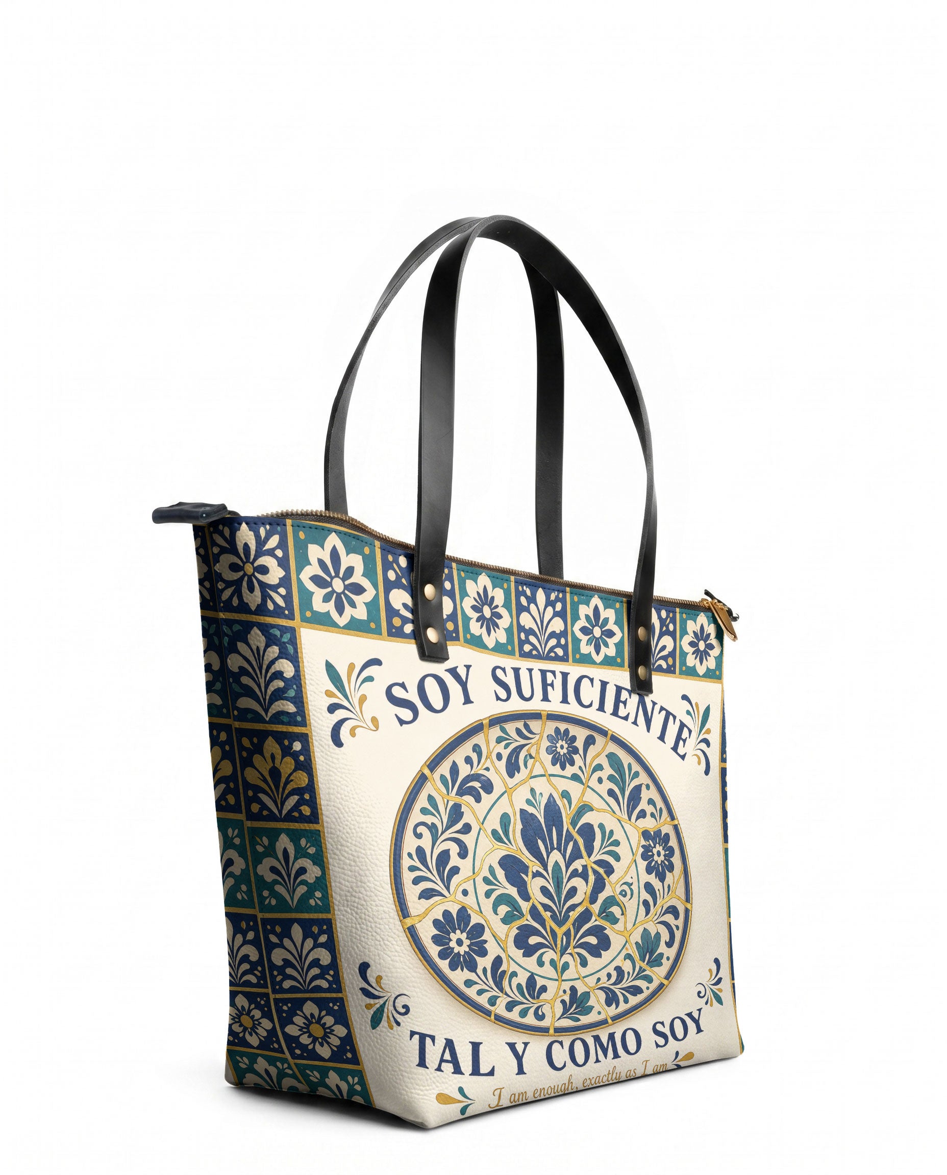 "Soy suficiente, tal y como soy" ver.8 Leather Tote Bag - side view | Paleta Bags
