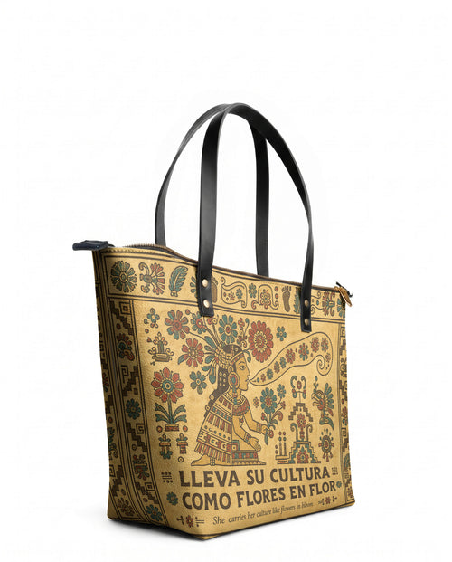 "Lleva su cultura como flores en flor" ver.5 Leather Tote Bag - side view | Paleta Bags