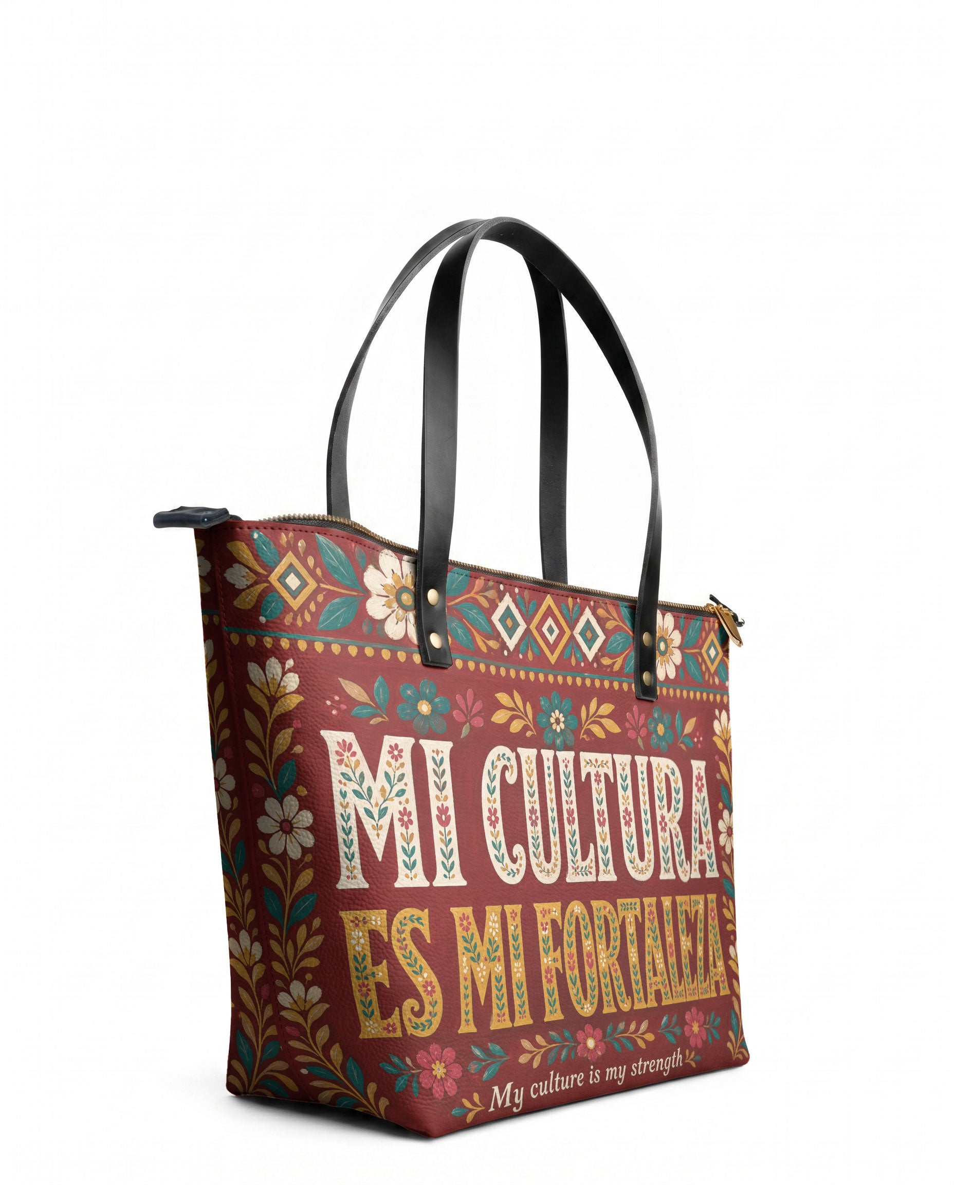 "Mi cultura es mi fortaleza" ver.6 Leather Tote Bag - side view | Paleta Bags