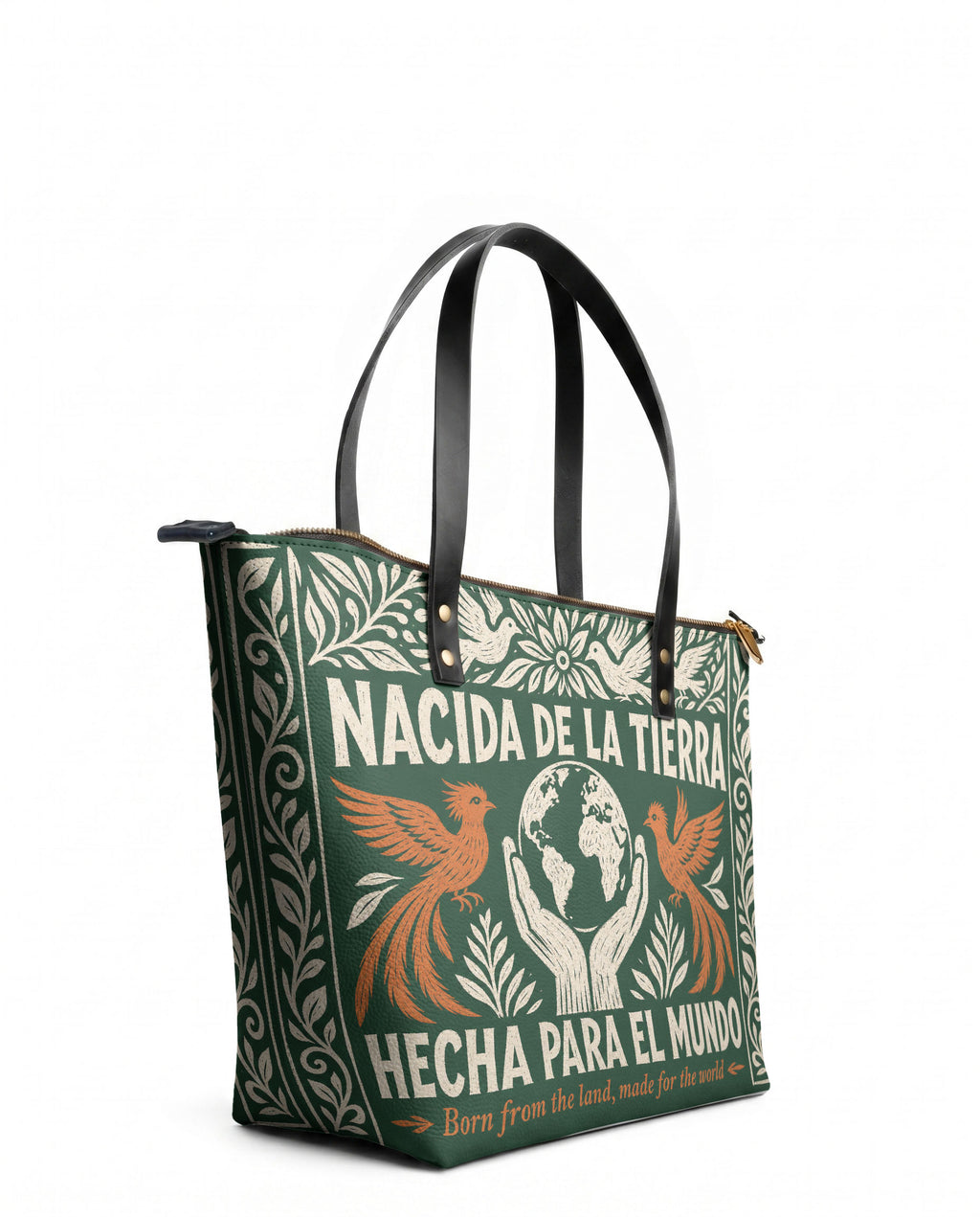 "Nacida de la tierra, hecha para el mundo" ver.3 Leather Tote Bag - side view | Paleta Bags