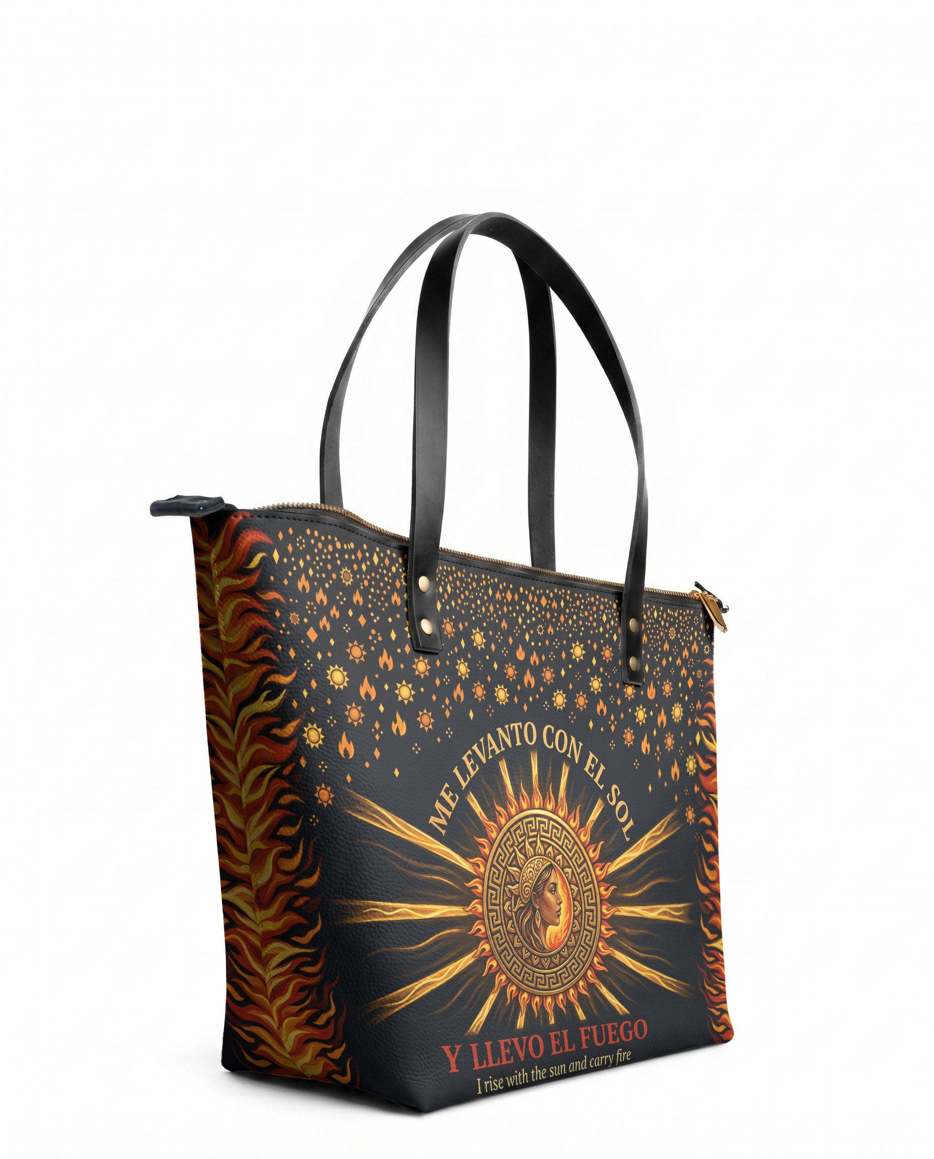 "Me levanto con el sol y llevo el fuego" ver.2 Leather Tote Bag - side view | Paleta Bags