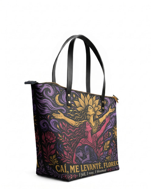 "Caí, me levanté, florecí" ver.4 Leather Tote Bag - side view | Paleta Bags