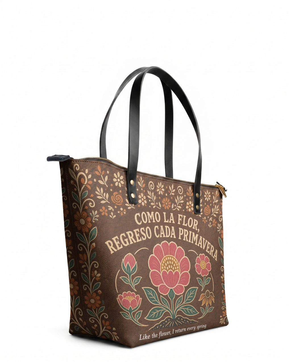 "Como la flor, regreso cada primavera" ver.4 Leather Tote Bag - side view | Paleta Bags