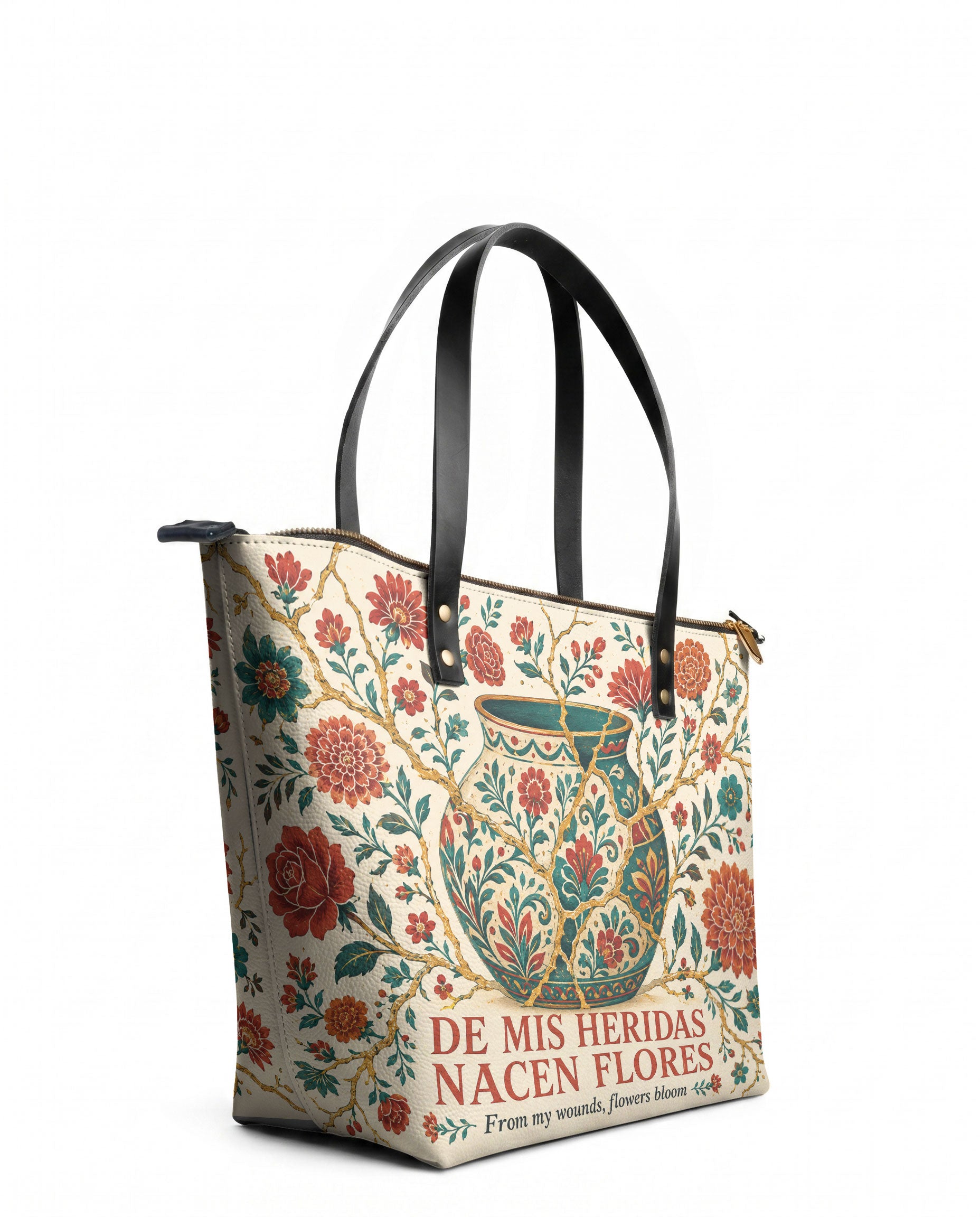 "De mis heridas nacen flores" ver.2 Leather Tote Bag - side view | Paleta Bags