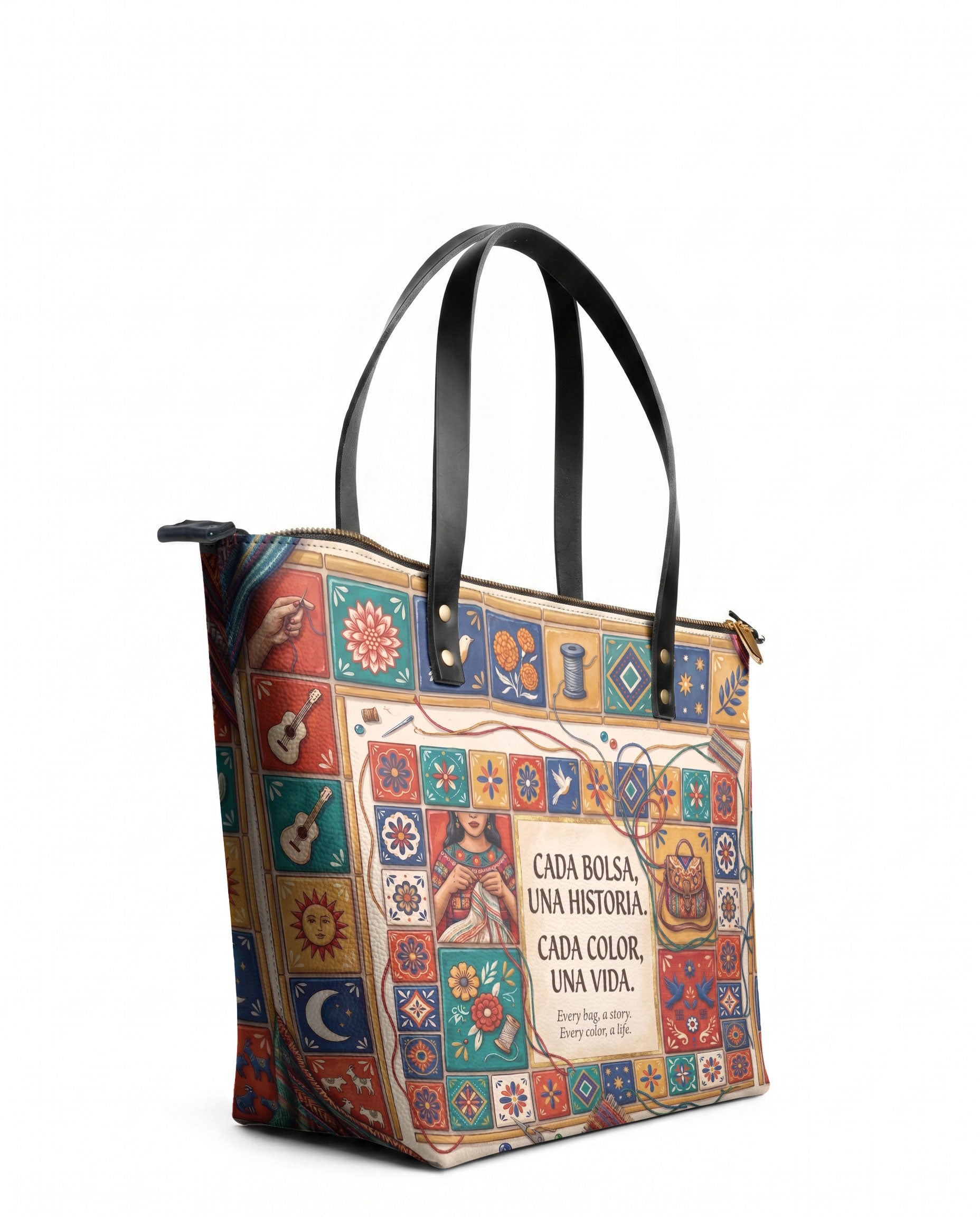 "Cada bolsa, una historia" ver.1 Leather Tote Bag - side view | Paleta Bags