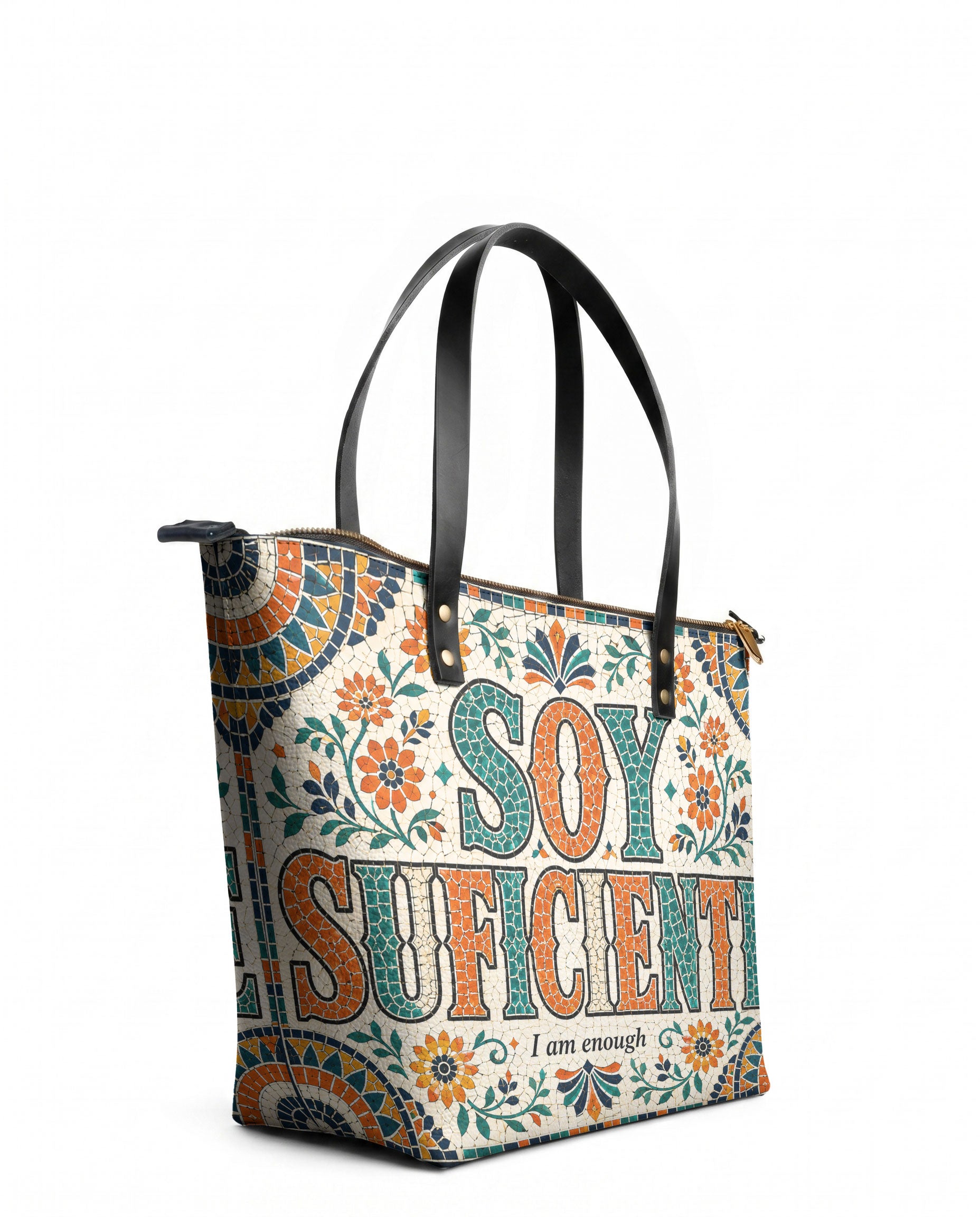 "Soy suficiente, tal y como soy" ver.4 Leather Tote Bag - side view | Paleta Bags