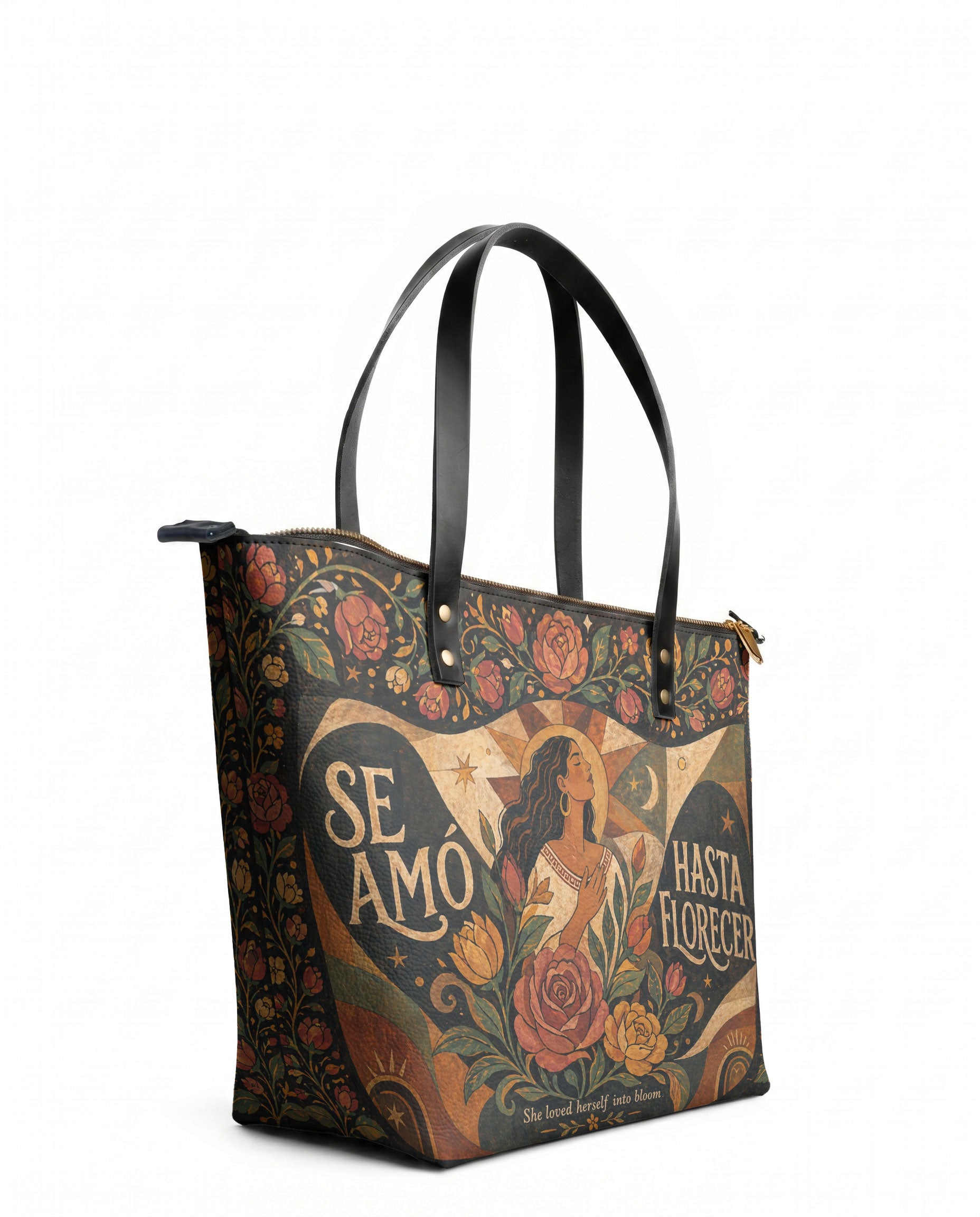 "Se amó hasta florecer" ver.2 Leather Tote Bag - side view | Paleta Bags