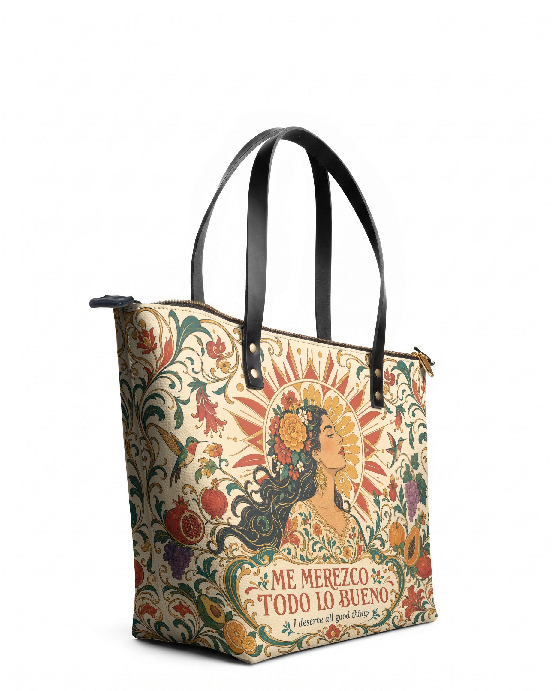 "Me merezco todo lo bueno" ver.3 Leather Tote Bag - side view | Paleta Bags