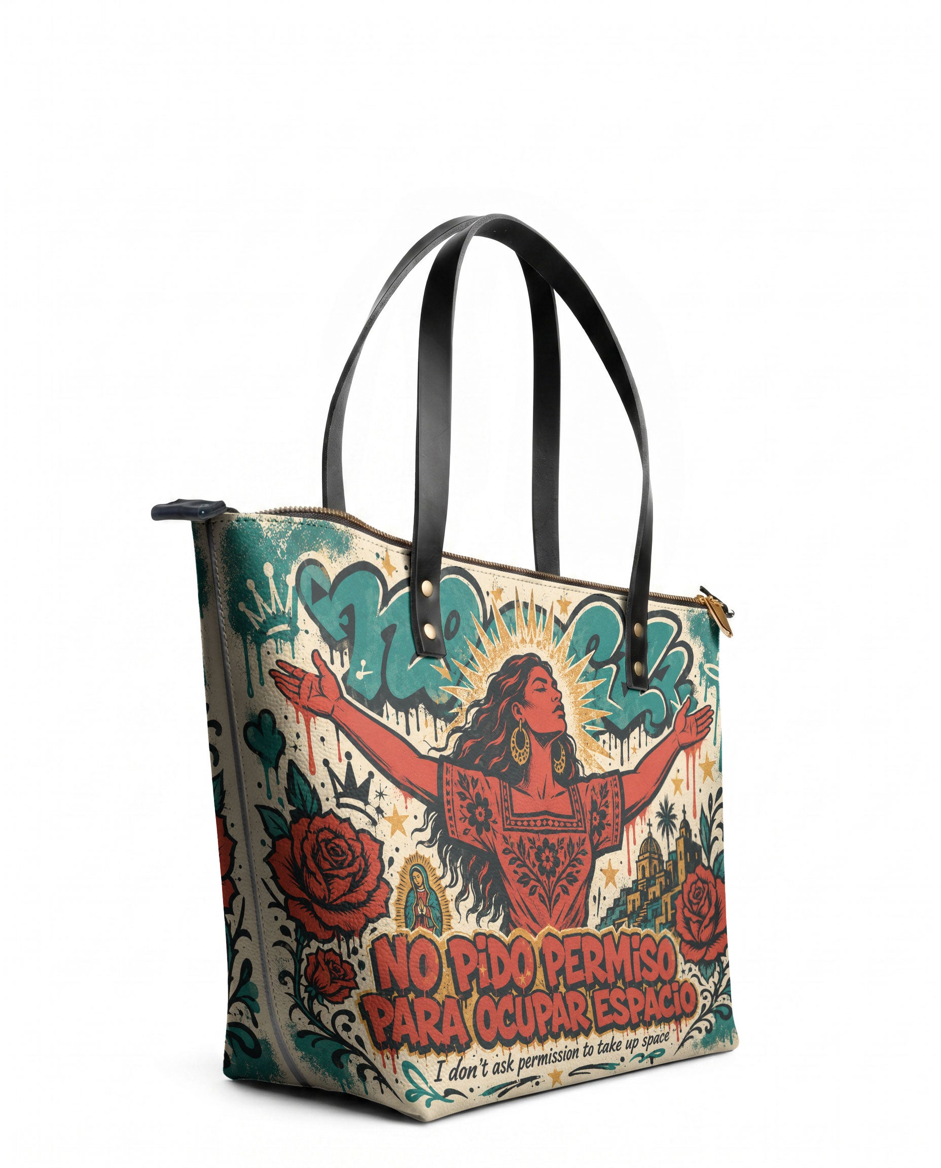 "No pido permiso para ocupar espacio" ver.3 Leather Tote Bag - side view | Paleta Bags