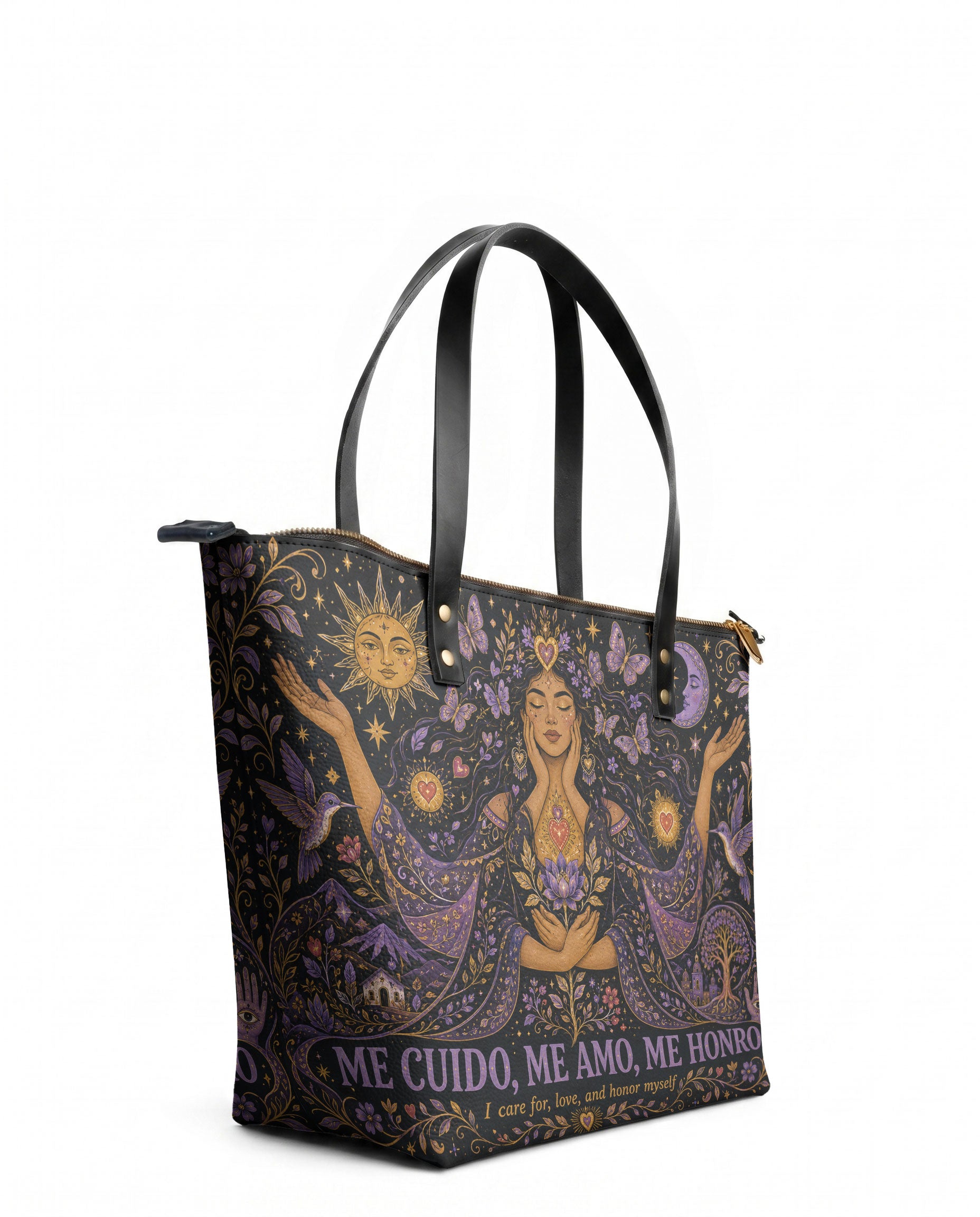 "Me cuido, me amo, me honro" ver.2 Leather Tote Bag - side view | Paleta Bags