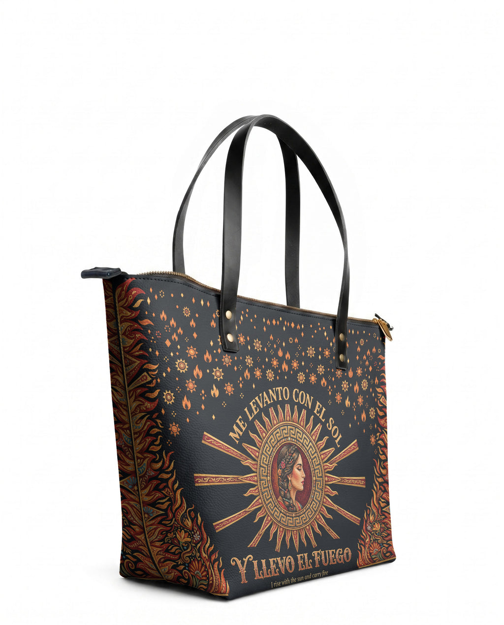 "Me levanto con el sol y llevo el fuego" ver.3 Leather Tote Bag - side view | Paleta Bags