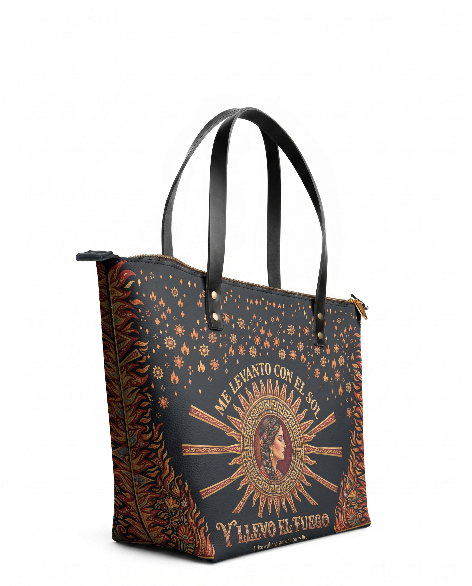 "Me levanto con el sol y llevo el fuego" ver.3 Leather Tote Bag - side view | Paleta Bags