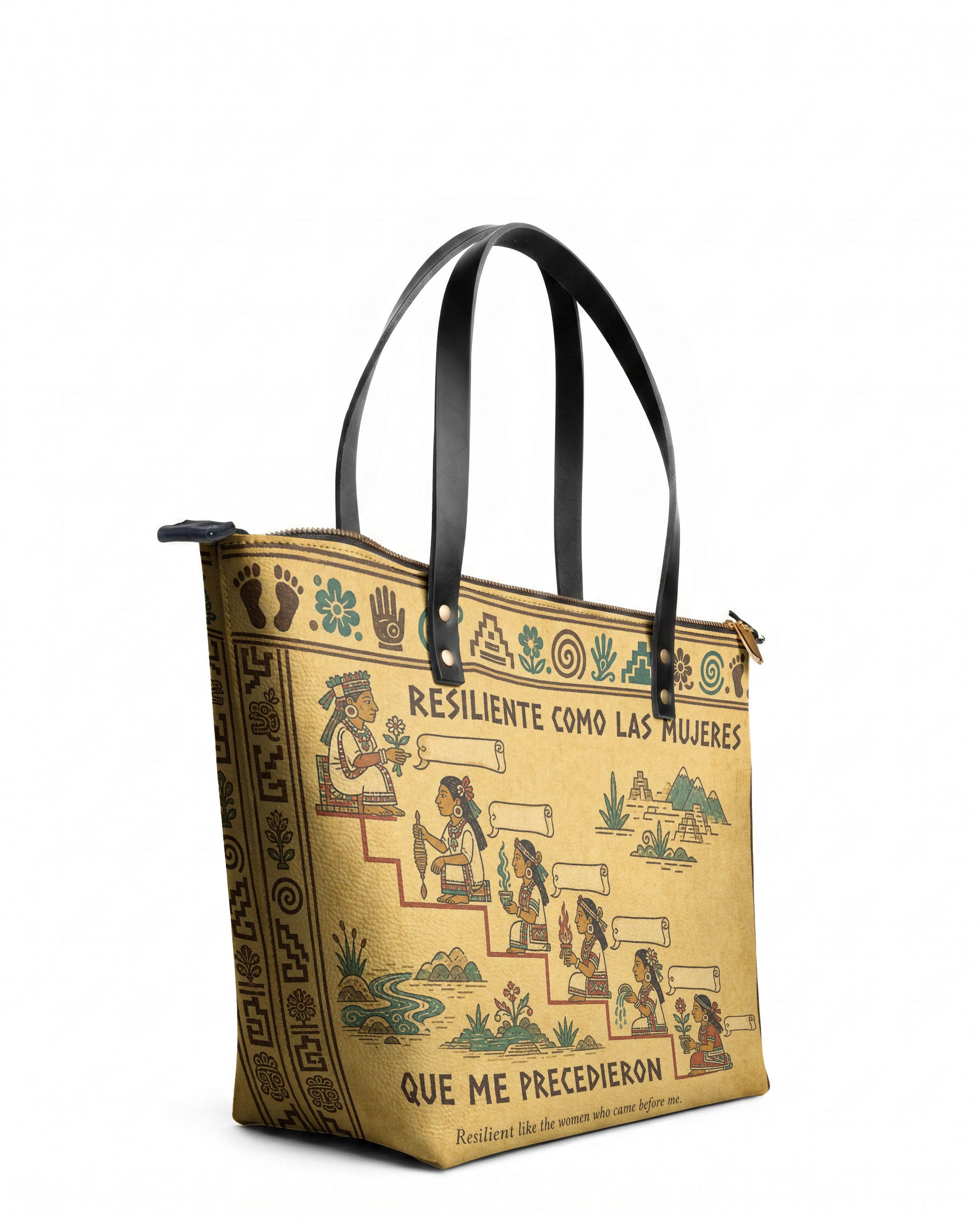 "Resiliente como las mujeres que me precedieron" ver.4 Leather Tote Bag - side view | Paleta Bags