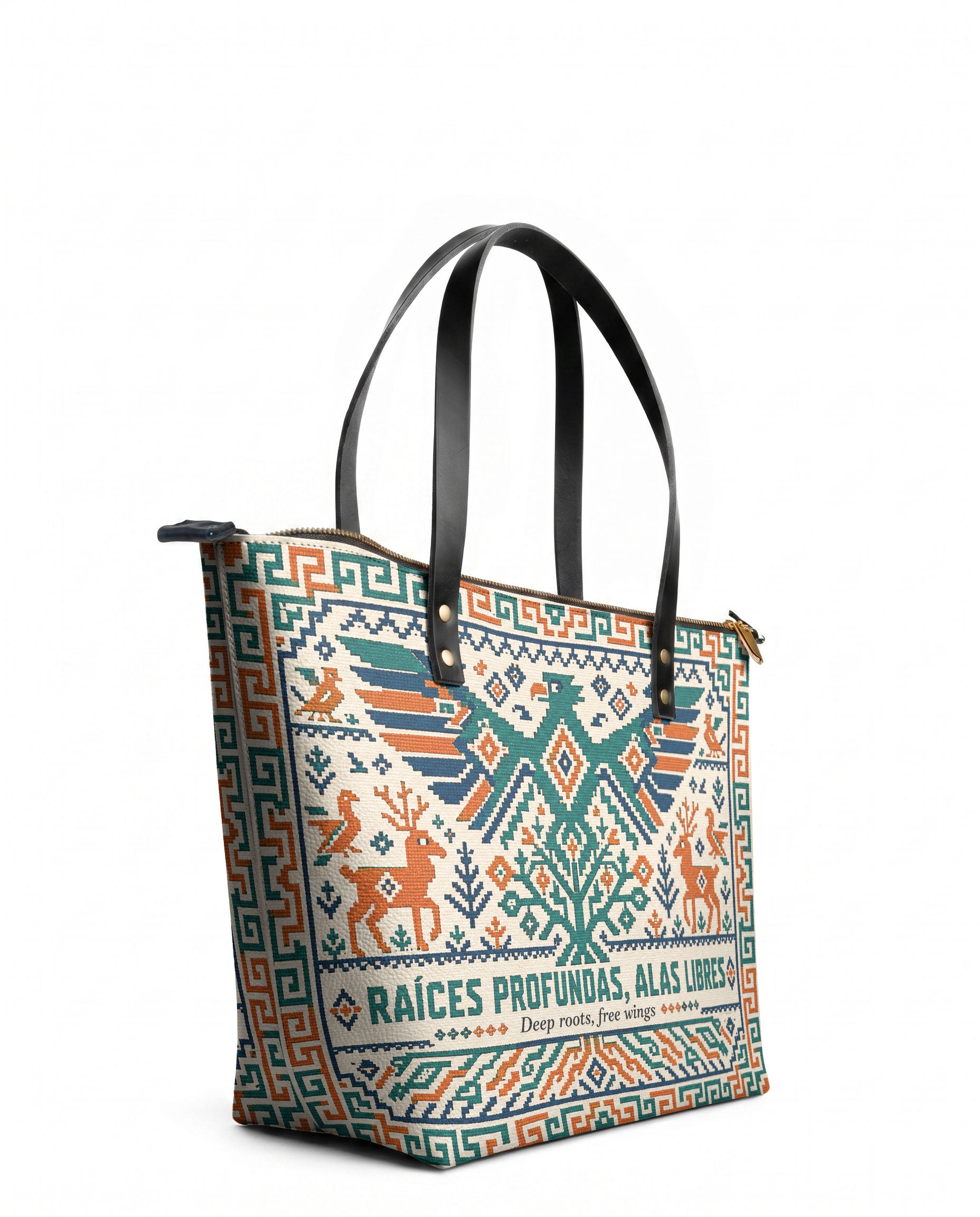 "Raíces profundas, alas libres" ver.4 Leather Tote Bag - side view | Paleta Bags