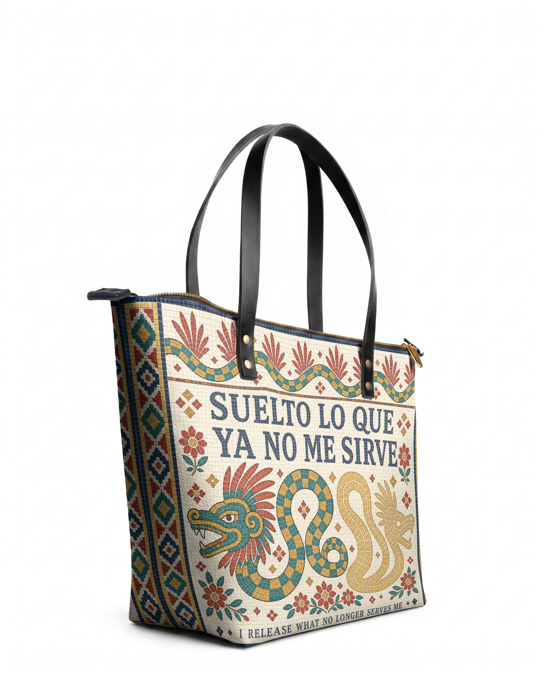 "Suelto lo que ya no me sirve" ver.1 Leather Tote Bag - side view | Paleta Bags