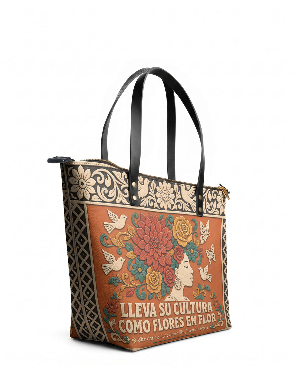 "Lleva su cultura como flores en flor" ver.3 Leather Tote Bag - side view | Paleta Bags