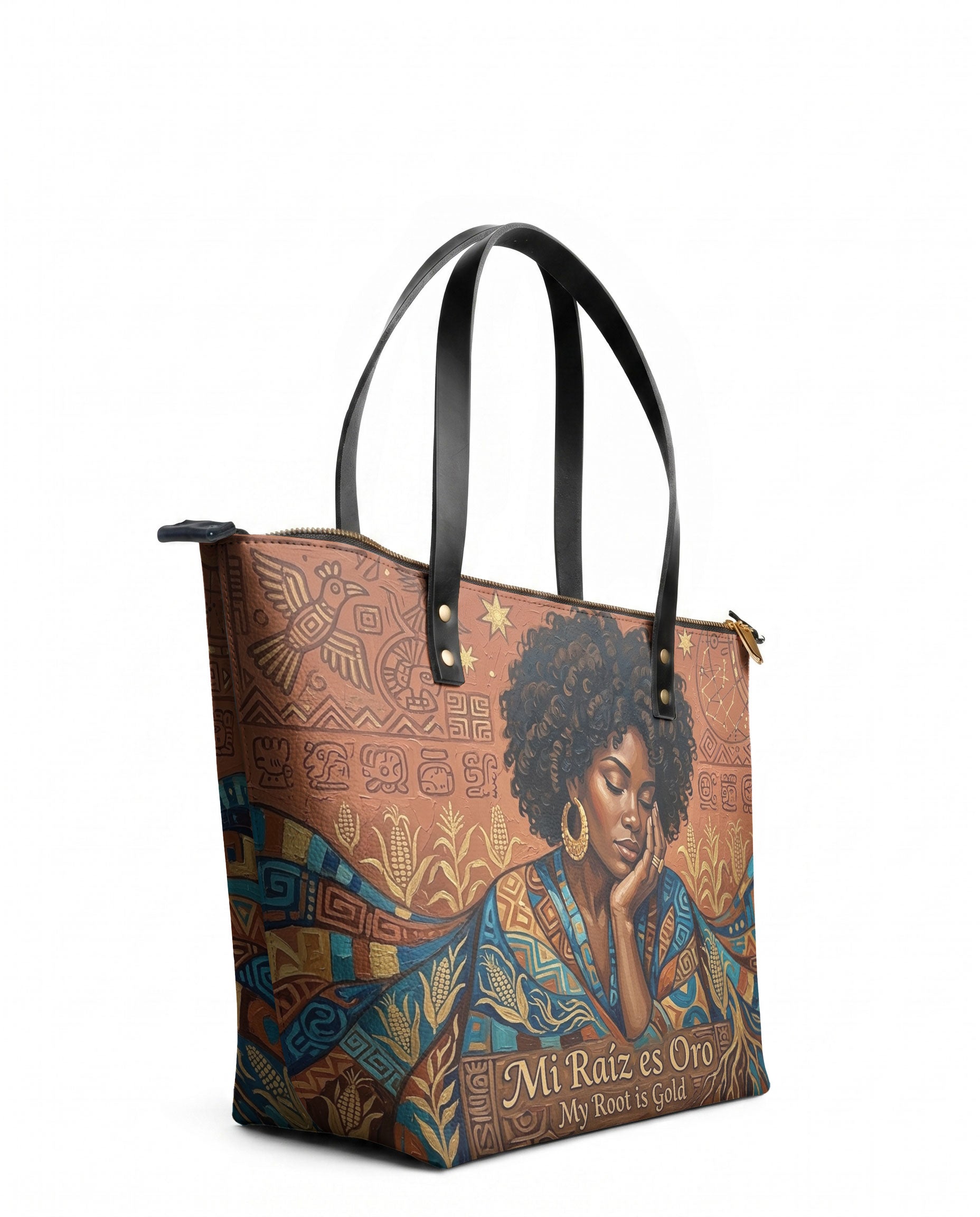 "Mi Raíz es Oro" ver.4 Leather Tote Bag - side view | Paleta Bags