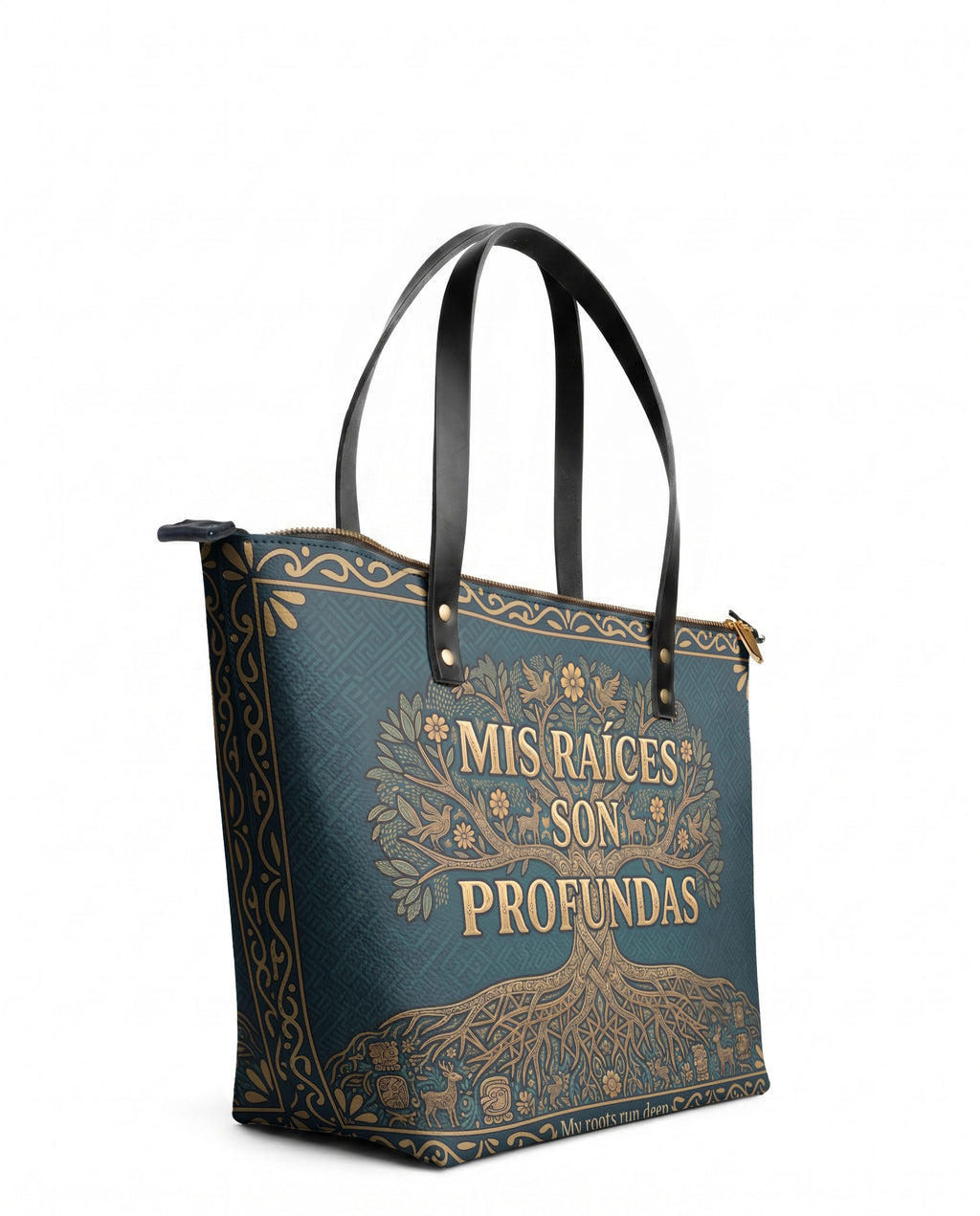 "Mis Raíces son Profundas" ver.2 Leather Tote Bag - side view | Paleta Bags