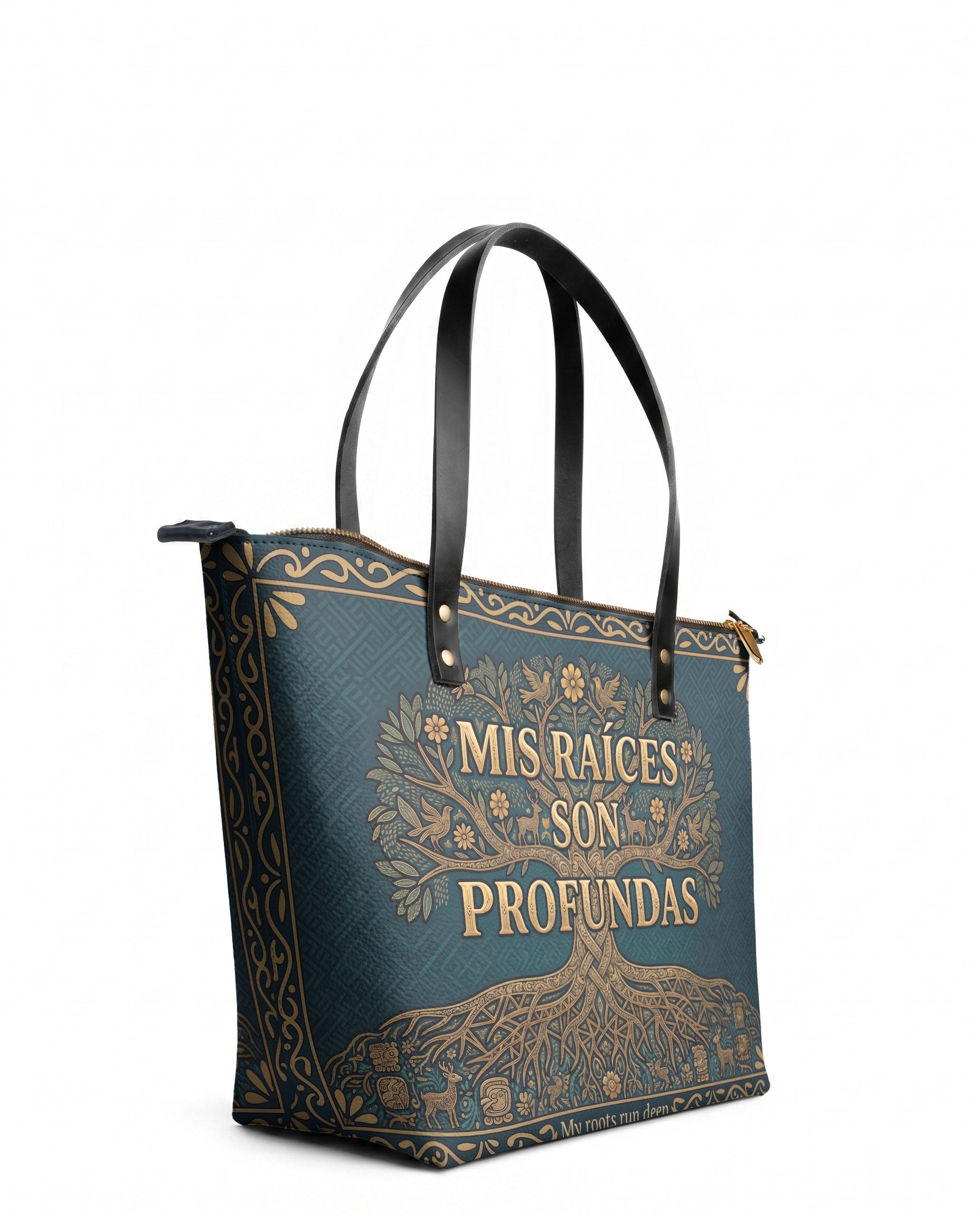 "Mis Raíces son Profundas" ver.2 Leather Tote Bag - side view | Paleta Bags