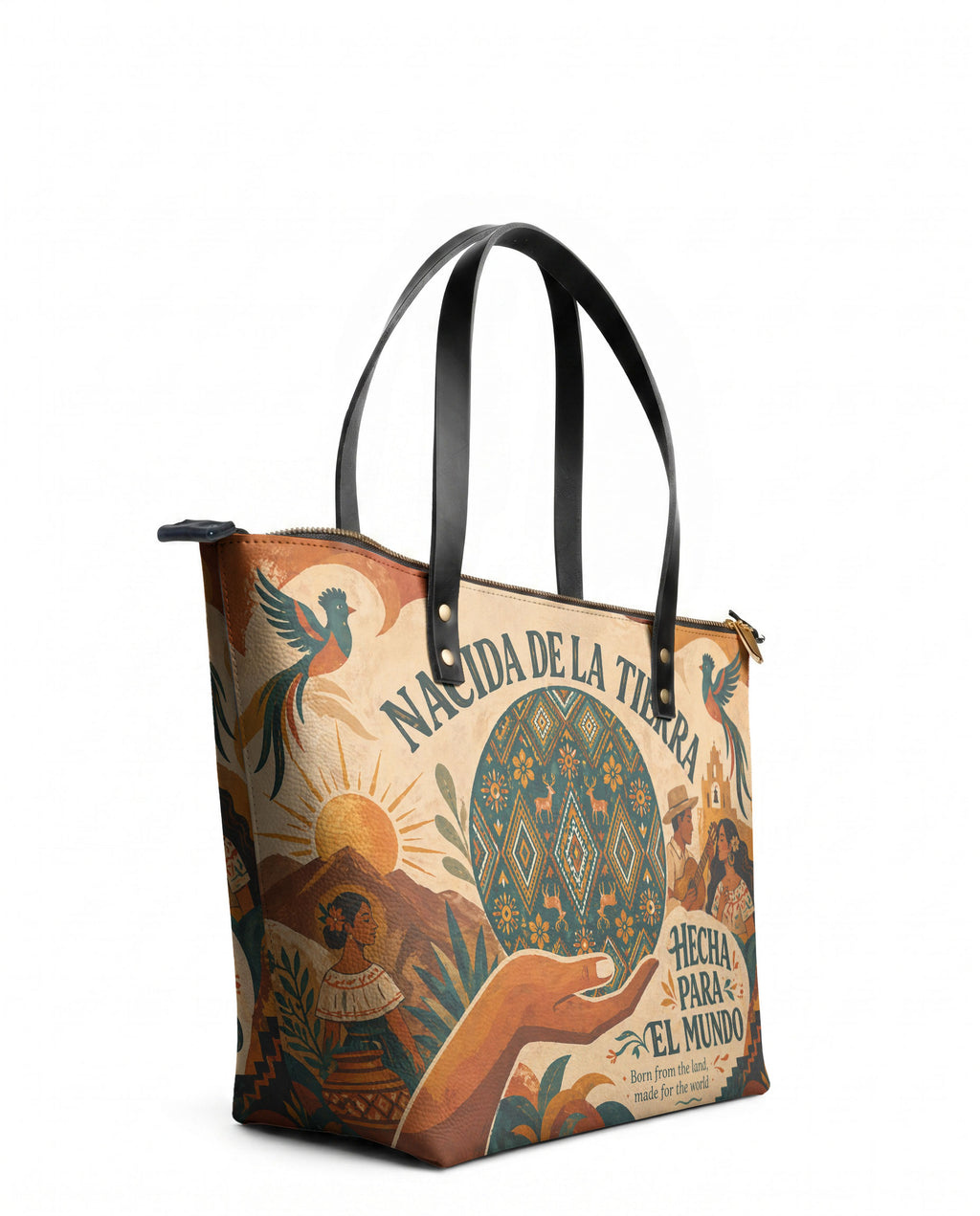 "Nacida de la tierra, hecha para el mundo" ver.1 Leather Tote Bag - side view | Paleta Bags