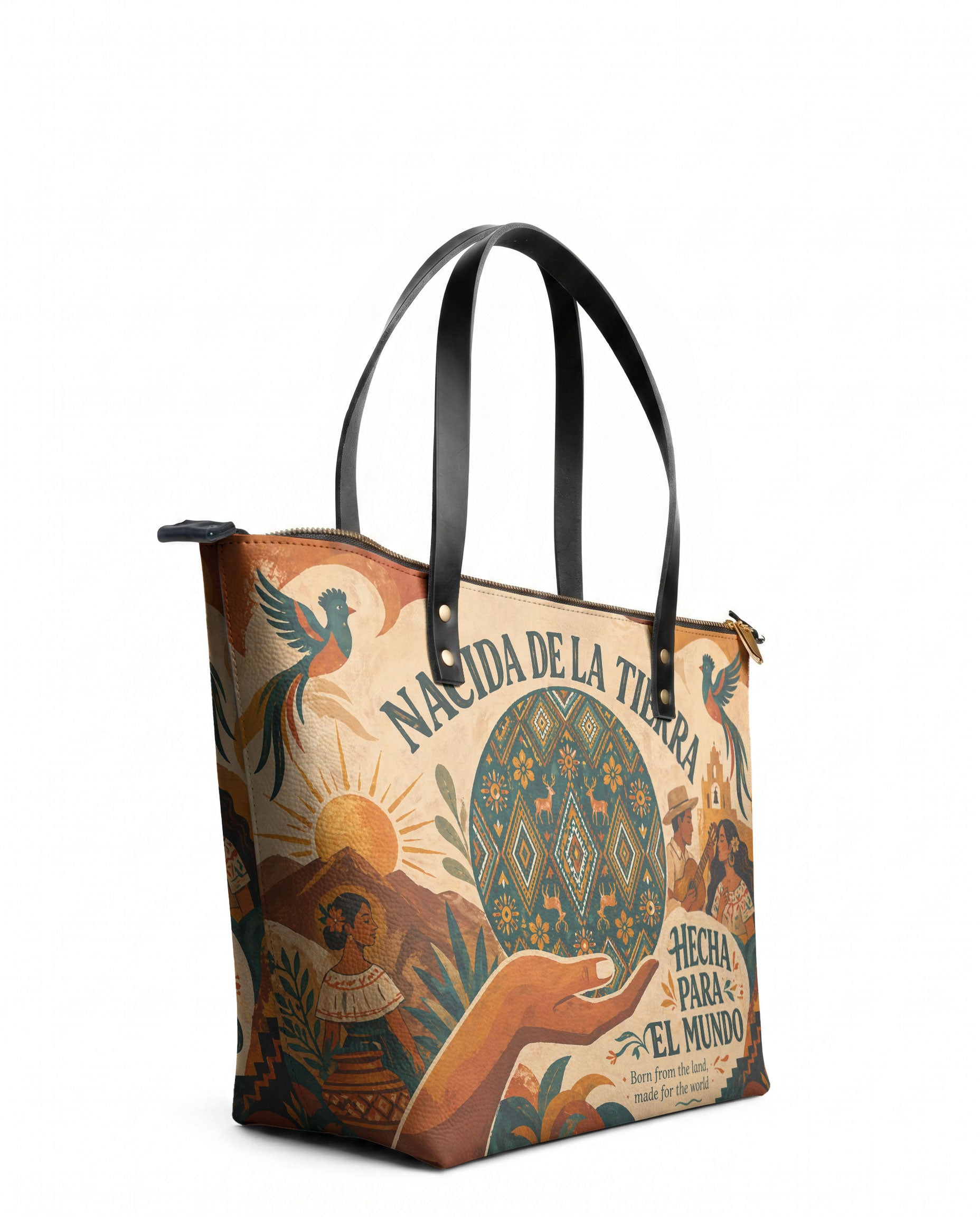 "Nacida de la tierra, hecha para el mundo" ver.1 Leather Tote Bag - side view | Paleta Bags