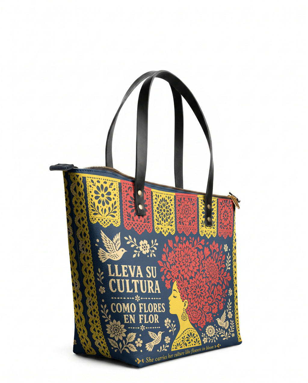 "Lleva su cultura como flores en flor" ver.2 Leather Tote Bag - side view | Paleta Bags