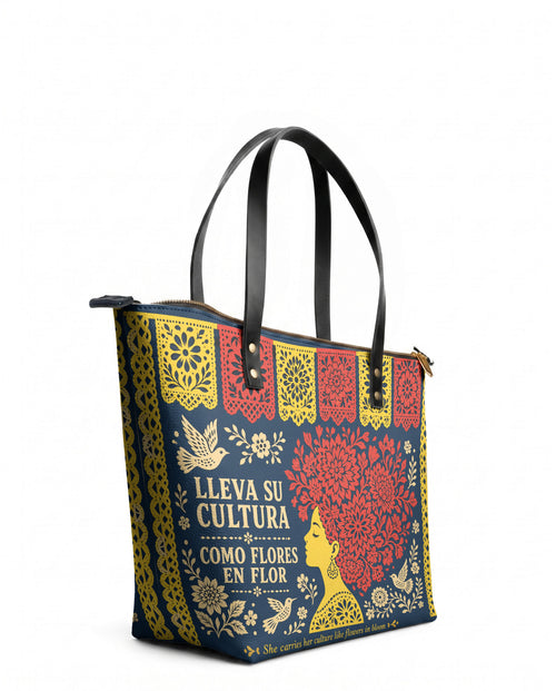 "Lleva su cultura como flores en flor" ver.2 Leather Tote Bag - side view | Paleta Bags