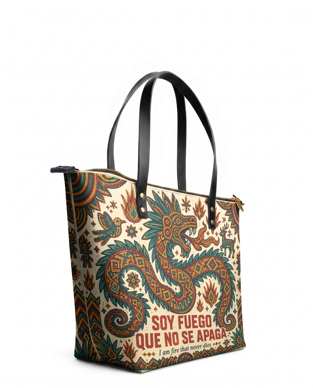"Soy fuego que no se apaga" ver.2 Leather Tote Bag - side view | Paleta Bags