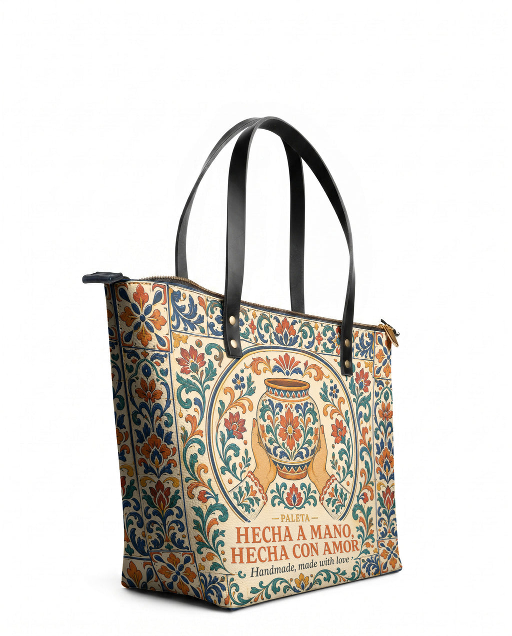 "Hecha a mano, hecha con amor" ver.2 Leather Tote Bag - side view | Paleta Bags