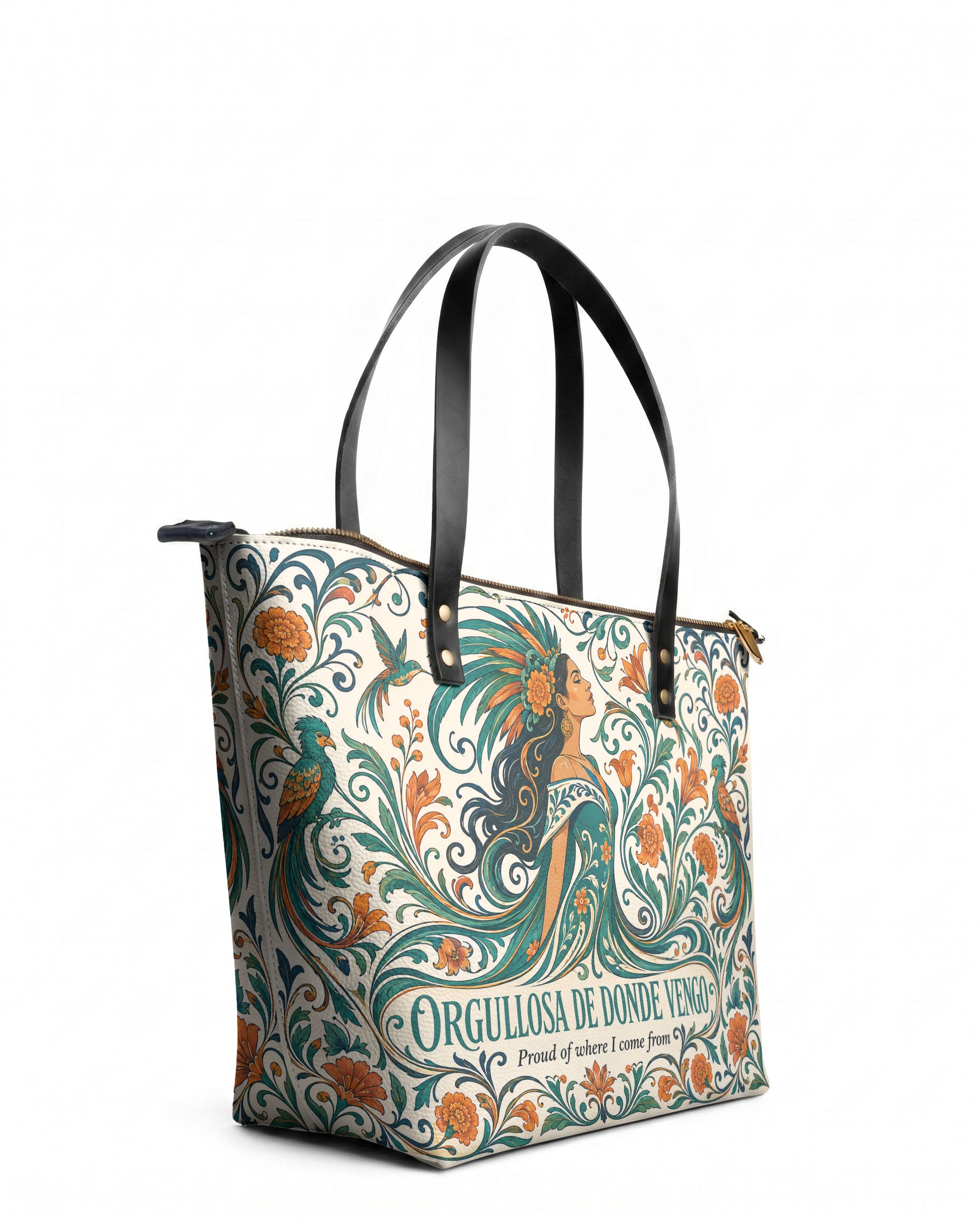 "Orgullosa de donde vengo" ver.3 Leather Tote Bag - side view | Paleta Bags