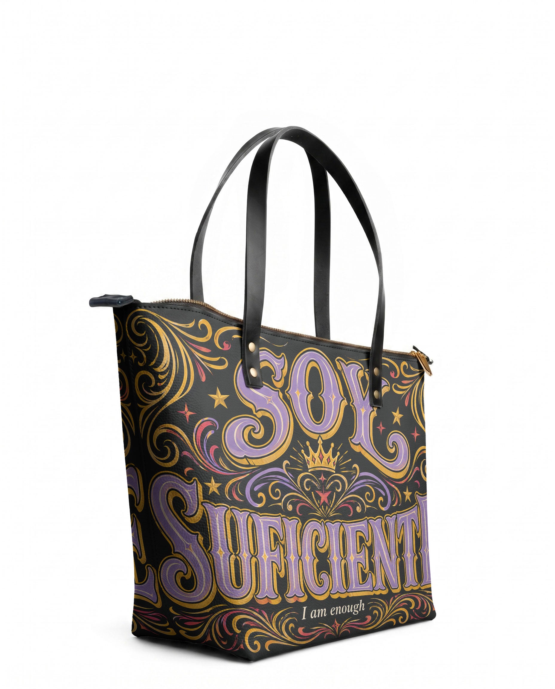 "Soy suficiente, tal y como soy" ver.2 Leather Tote Bag - side view | Paleta Bags