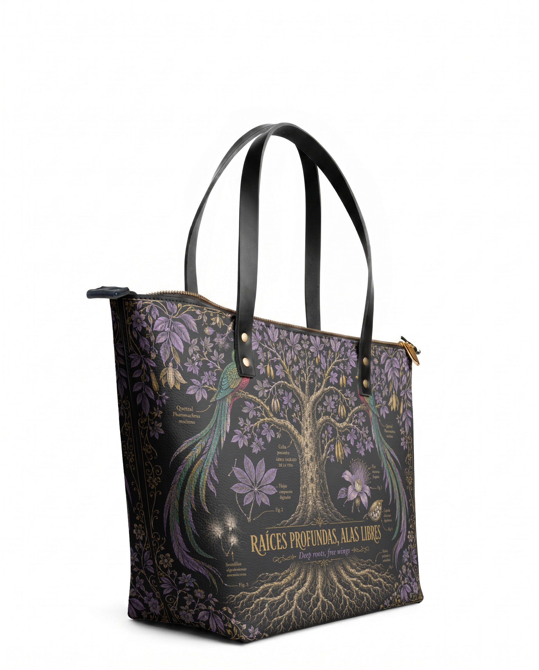 "Raíces profundas, alas libres" ver.2 Leather Tote Bag - side view | Paleta Bags