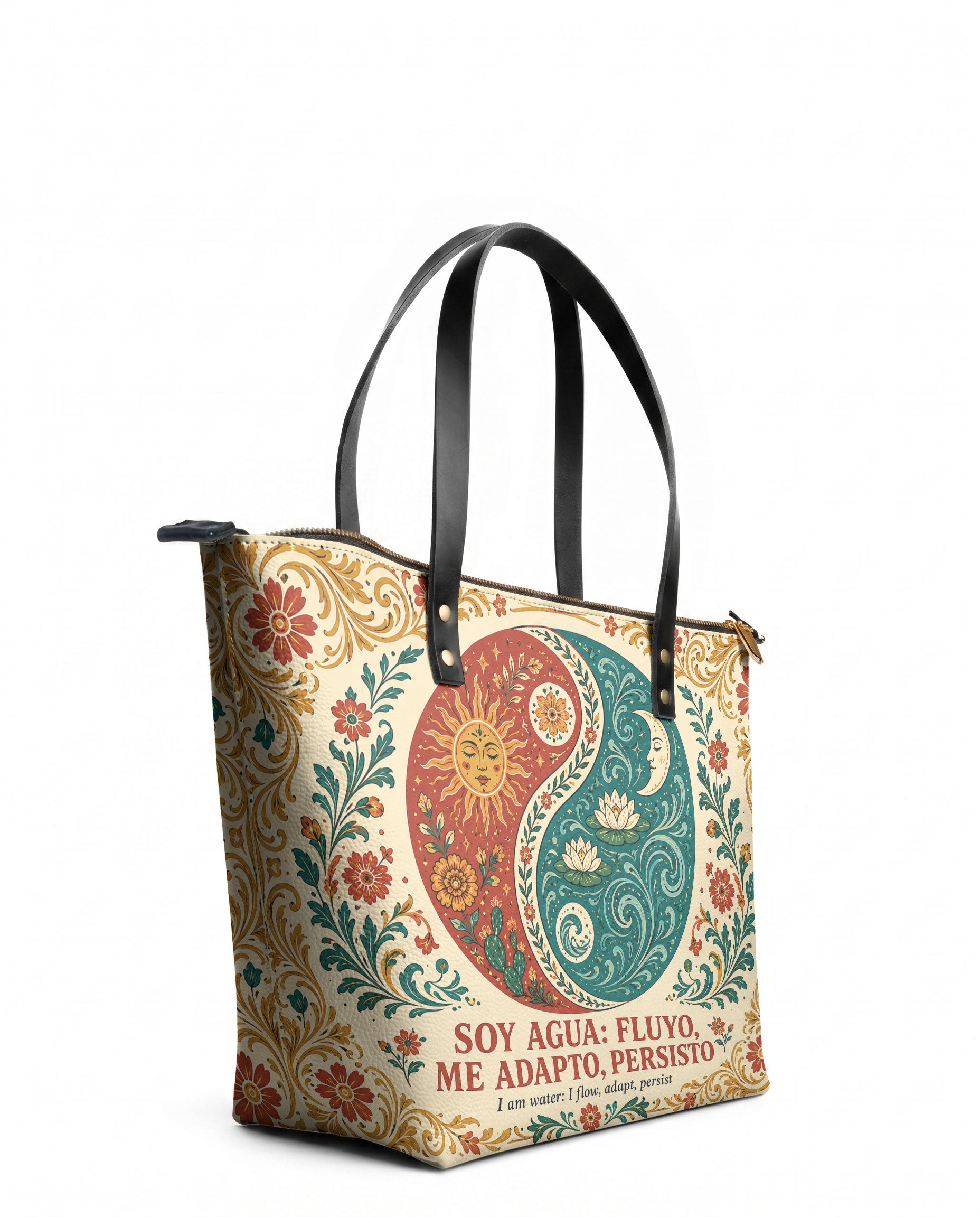 "Soy agua fluyo, me adapto, persisto" ver.5 Leather Tote Bag - side view | Paleta Bags