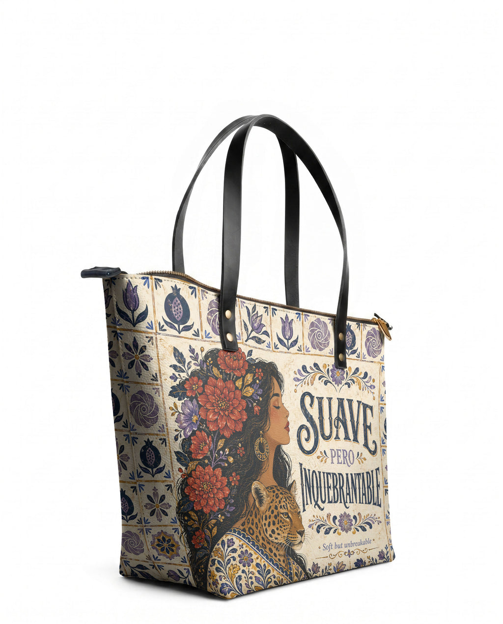"Suave pero inquebrantable" ver.8 Leather Tote Bag - side view | Paleta Bags